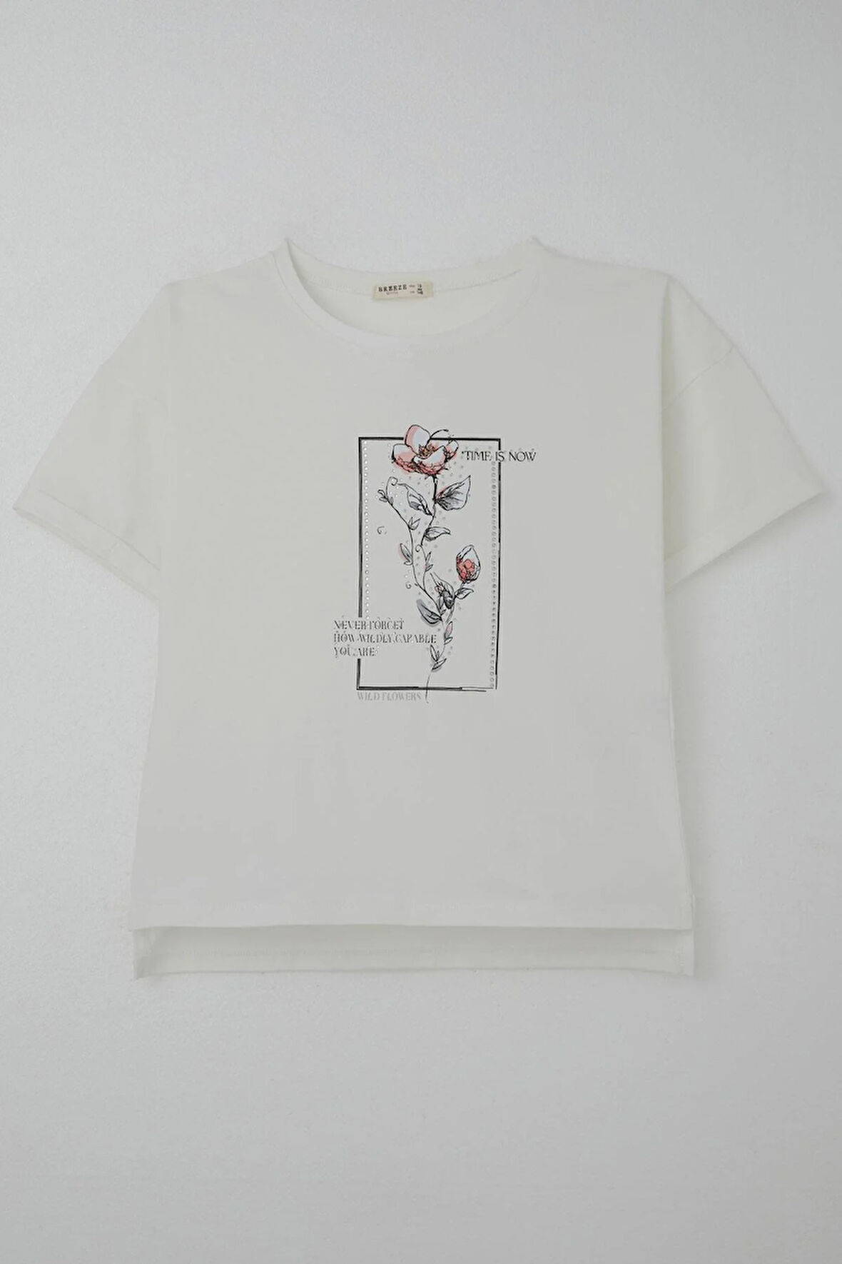 Breeze Kız Çocuk Tişört Taş Aksesuarlı Çiçek Baskılı 9-16 Yaş, Ekru