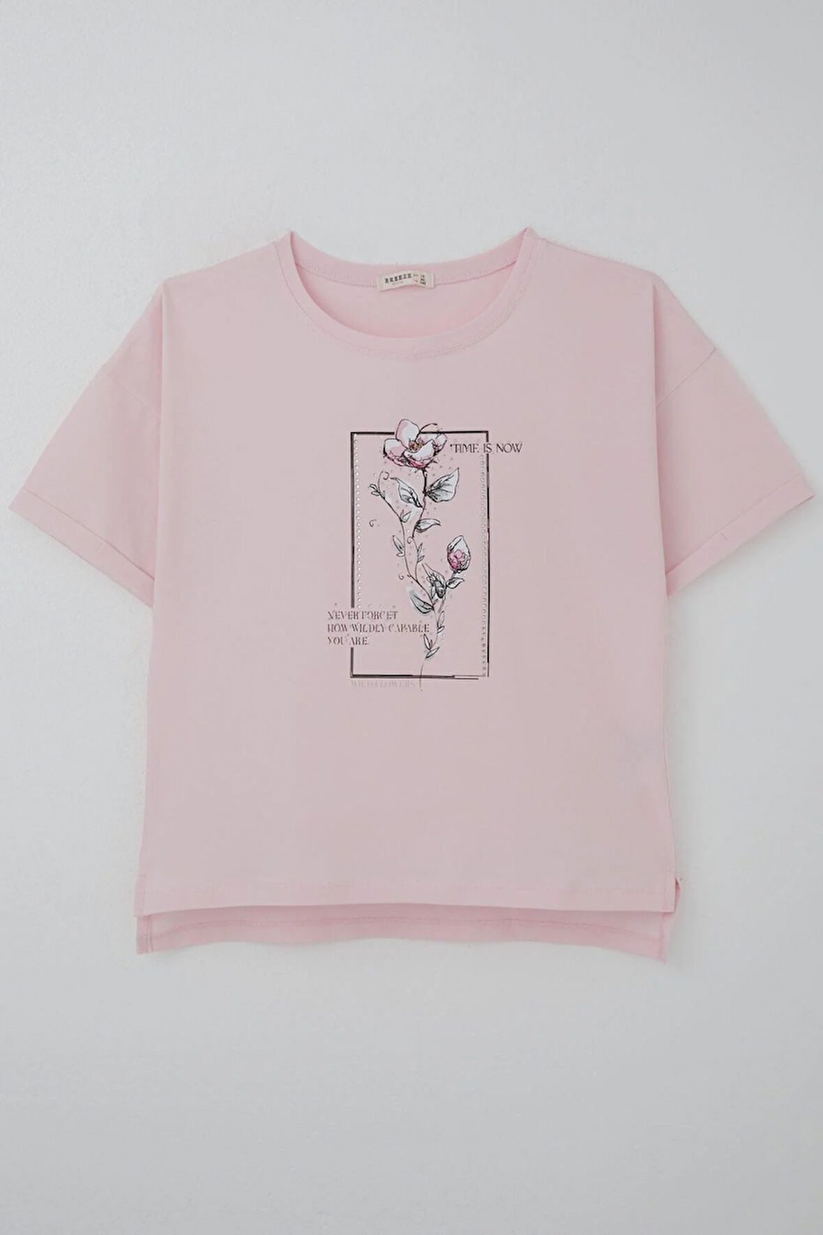 Breeze Kız Çocuk Tişört Taş Aksesuarlı Çiçek Baskılı 9-16 Yaş, Pembe