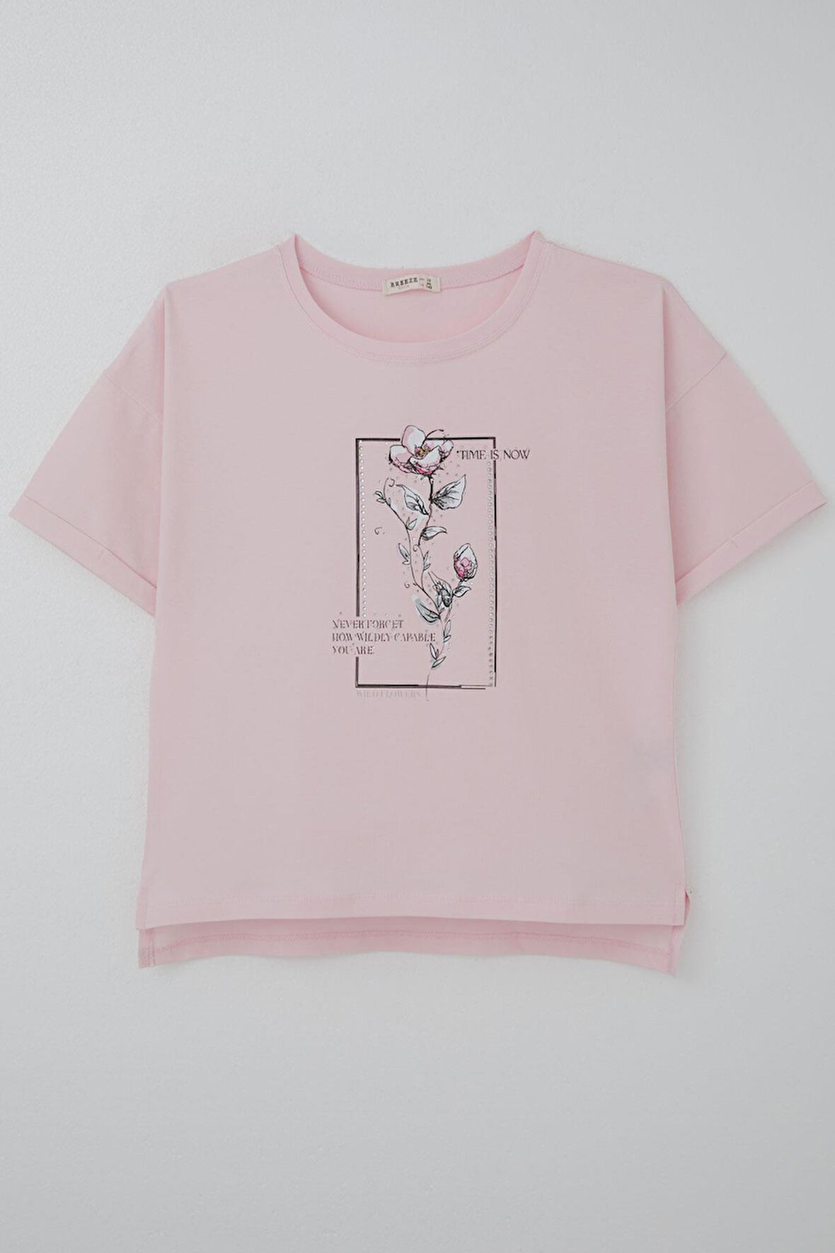Breeze Kız Çocuk Tişört Taş Aksesuarlı Çiçek Baskılı 9-16 Yaş, Pembe