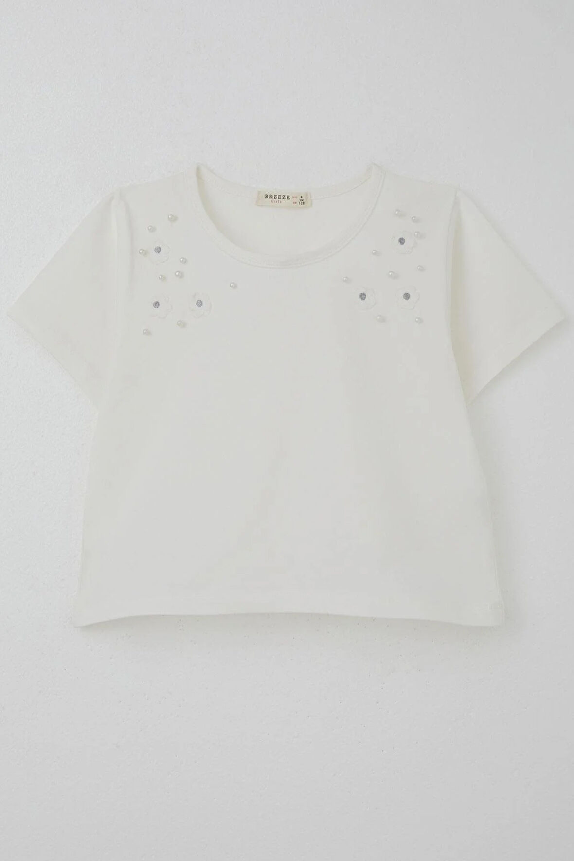Breeze Kız Çocuk Tişört İnci Detaylıl Çiçek Aksesuarlı 6-12 Yaş, Ekru