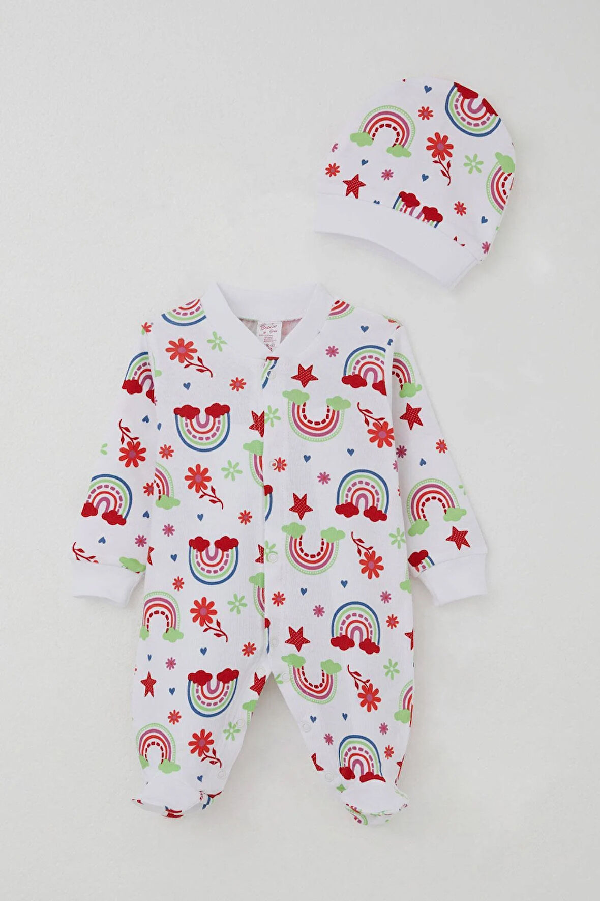 Breeze Kız Bebek Patikli Tulum Gökkuşağı Masalı Çiçek Desenli 0-6 Ay, Beyaz