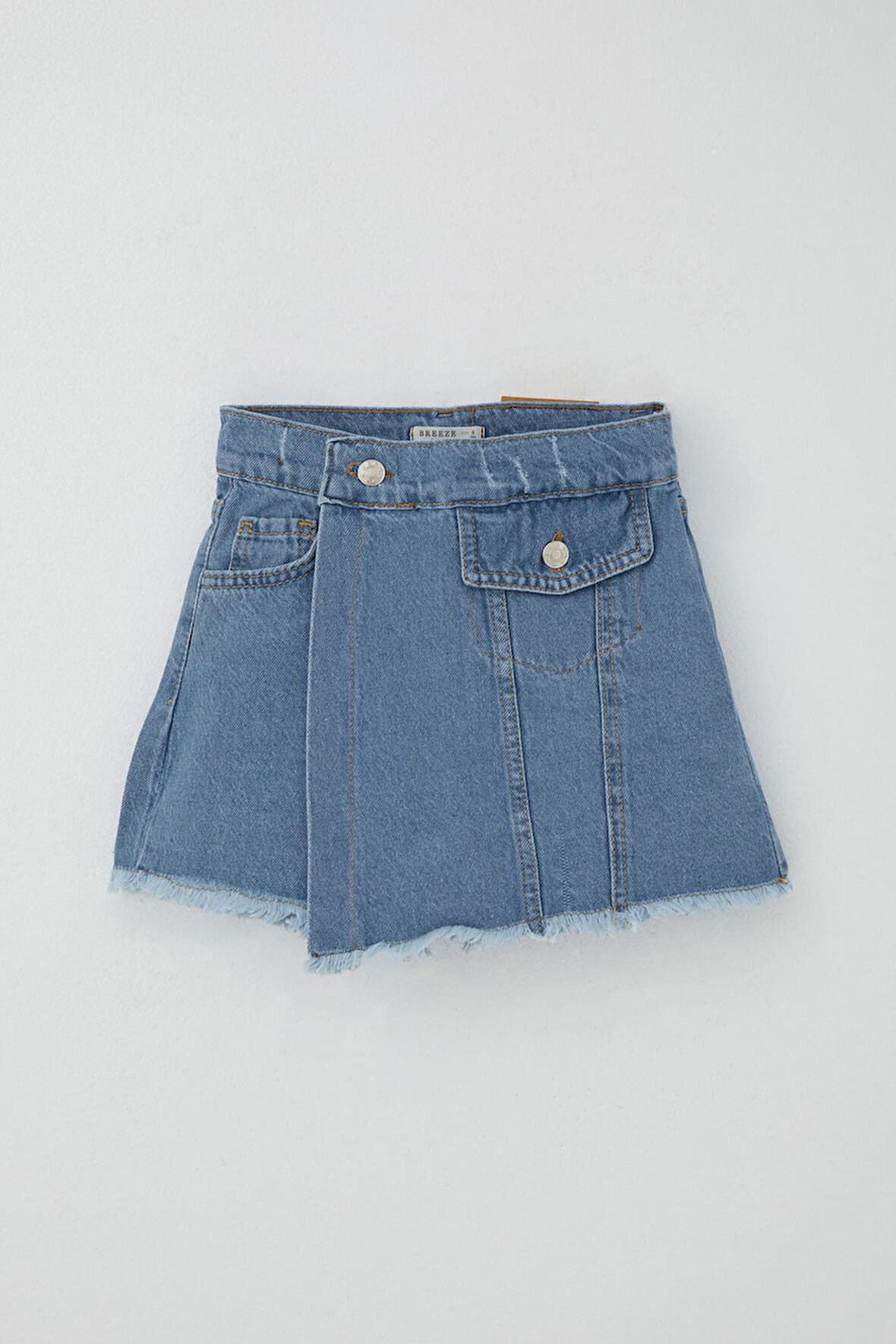 Breeze Kız Çocuk Jean Şort Etek Cep Detaylı Düğmeli Püsküllü 4-10 Yaş, Mavi
