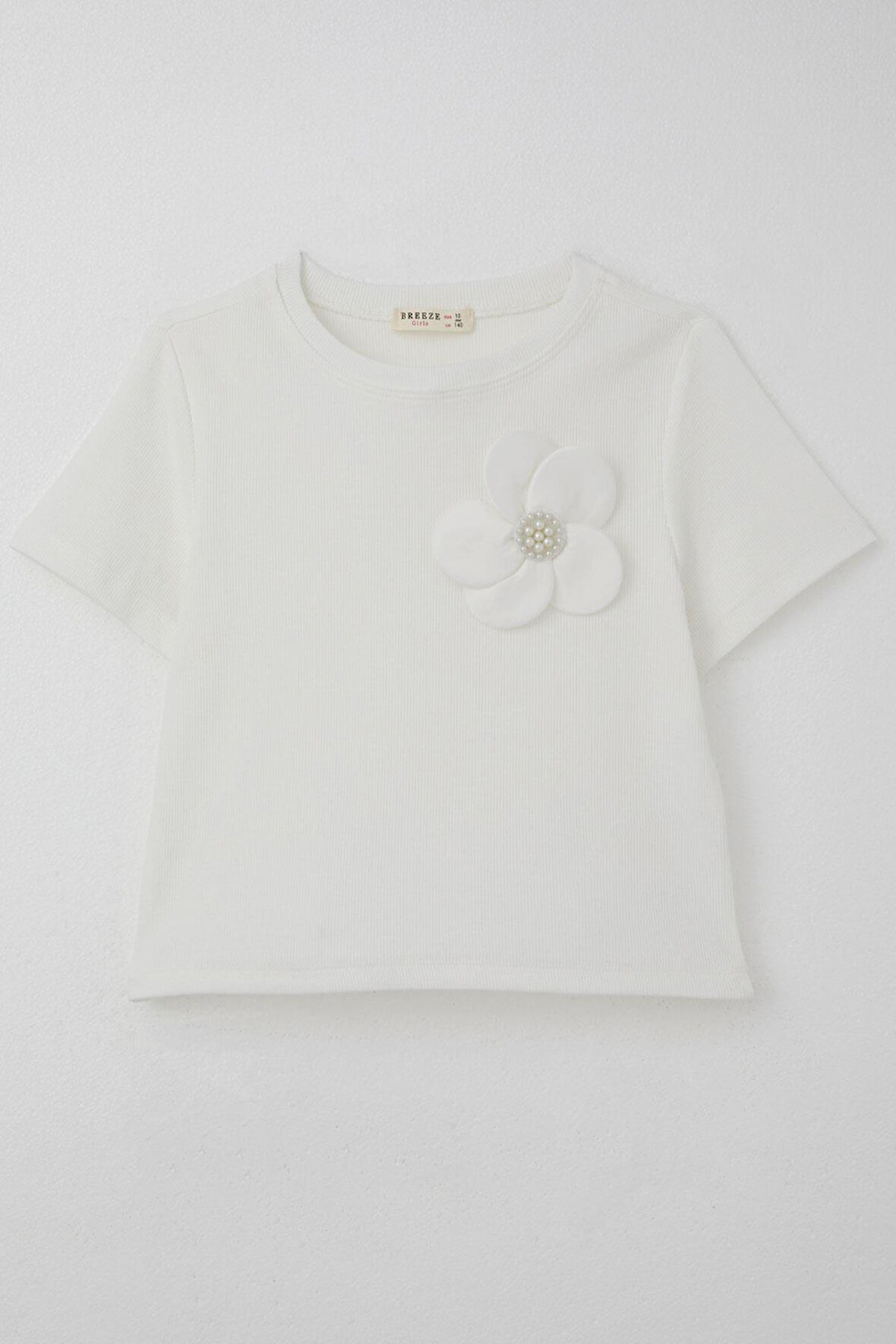 Breeze Kız Çocuk Tişört Çiçek Aksesuarlı İnci Detaylı 9-14 Yaş, Ekru