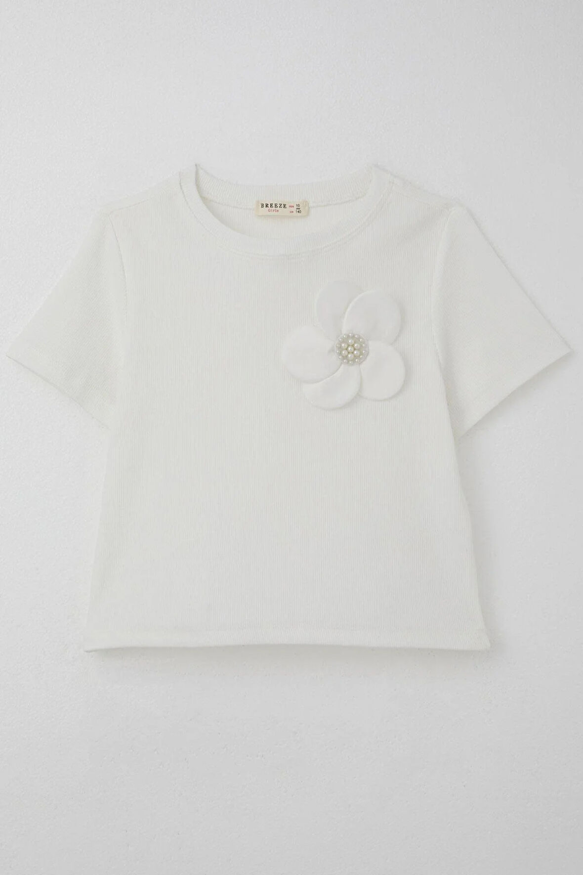 Breeze Kız Çocuk Tişört Çiçek Aksesuarlı İnci Detaylı 9-14 Yaş, Ekru