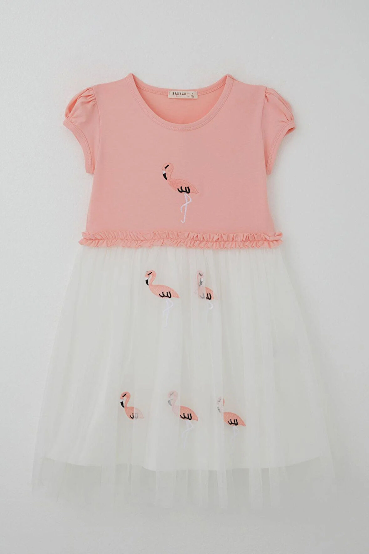 Breeze Kız Çocuk Elbise Sevimli Flamingo Nakışlı Tüllü 4-8 Yaş, Somon
