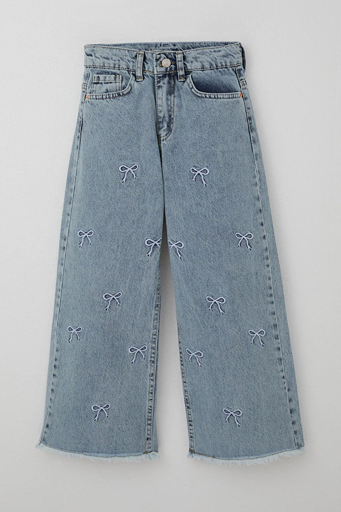 Breeze Kız Çocuk Jean Pantolon Fiyonk Nakışlı Paça Kısmı Püskül Detaylı 8-12 Yaş, Açık Mavi