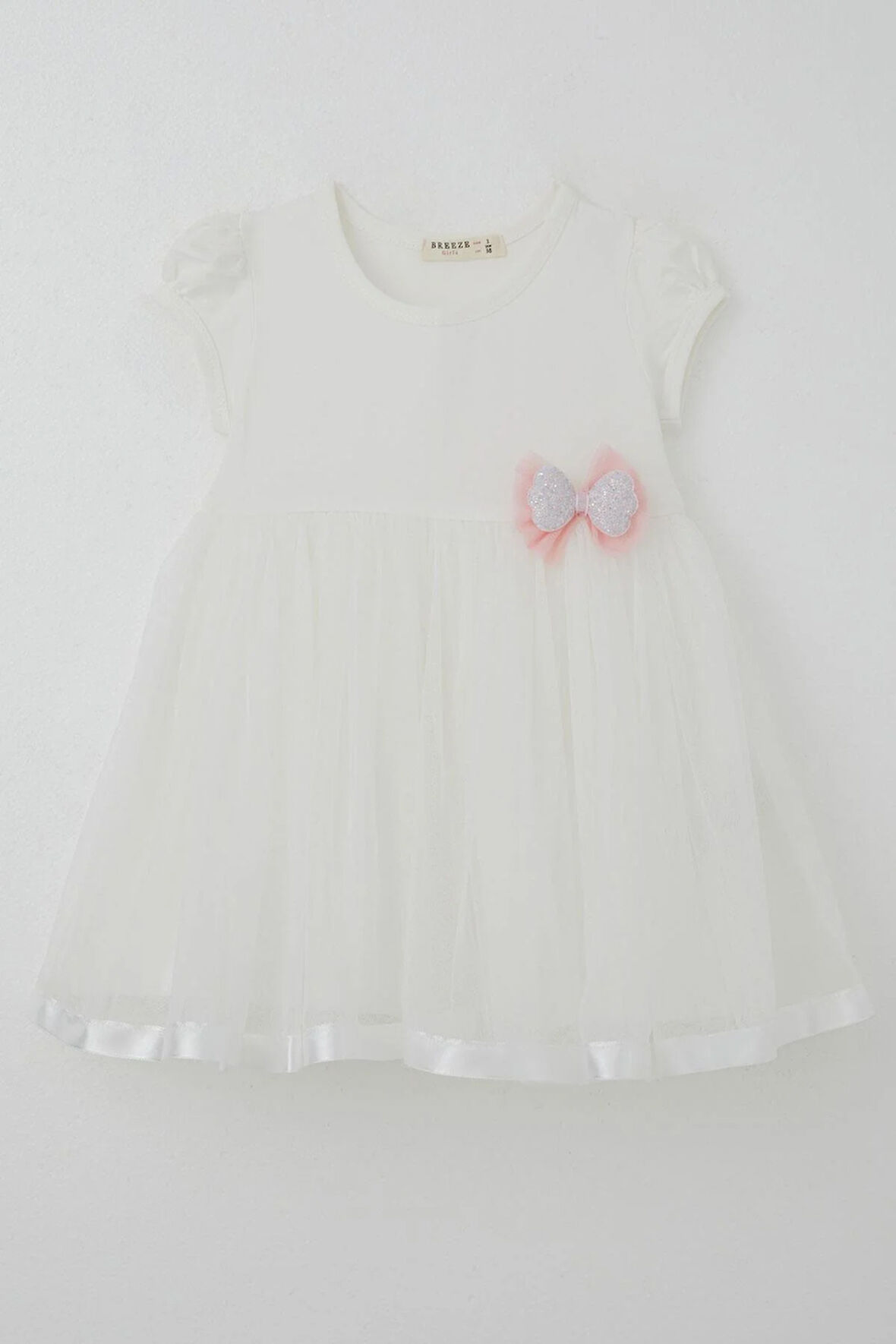 Breeze Kız Çocuk Elbise Tüllü Simli Fiyonk Aksesuarlı 2-6 Yaş, Ekru