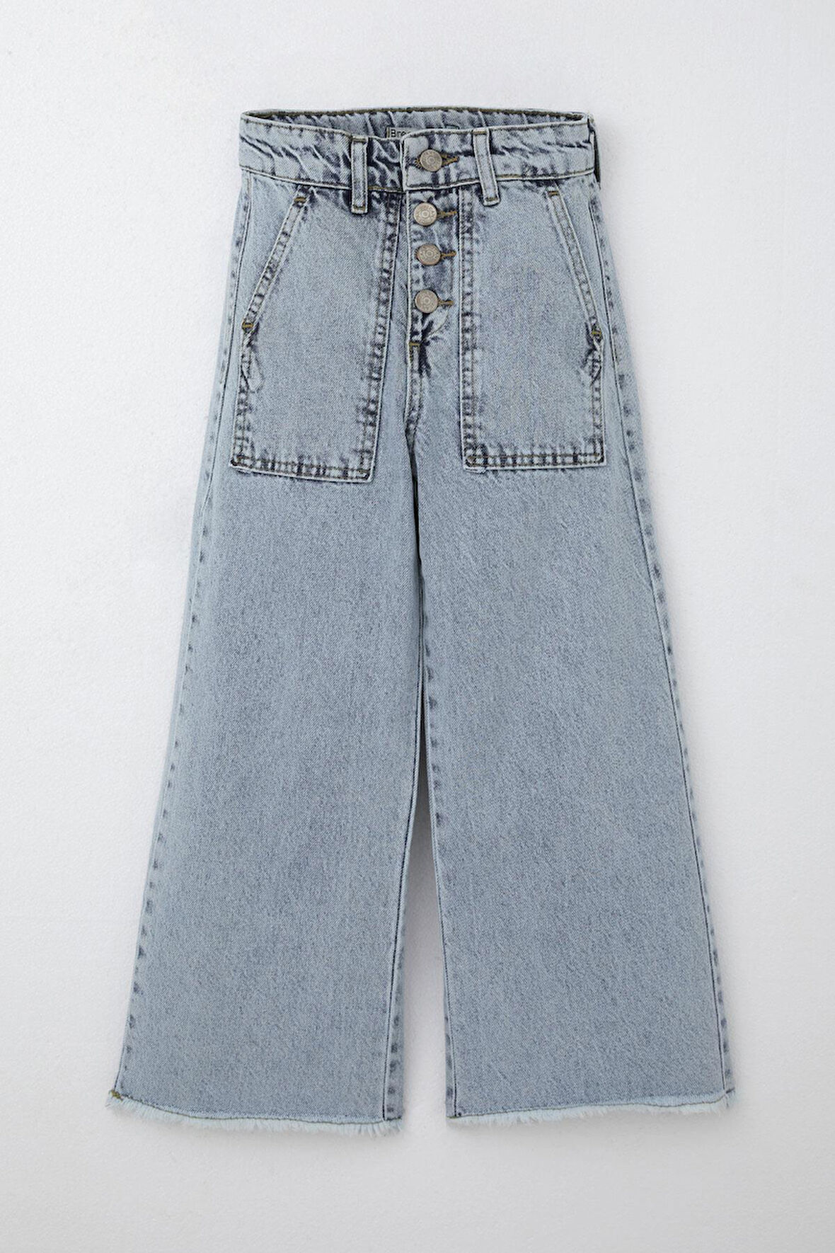Breeze Kız Çocuk Jean Pantolon Geniş Paça Düğmeli Paçası Püskül Detaylı 5-9 Yaş, Açık Mavi