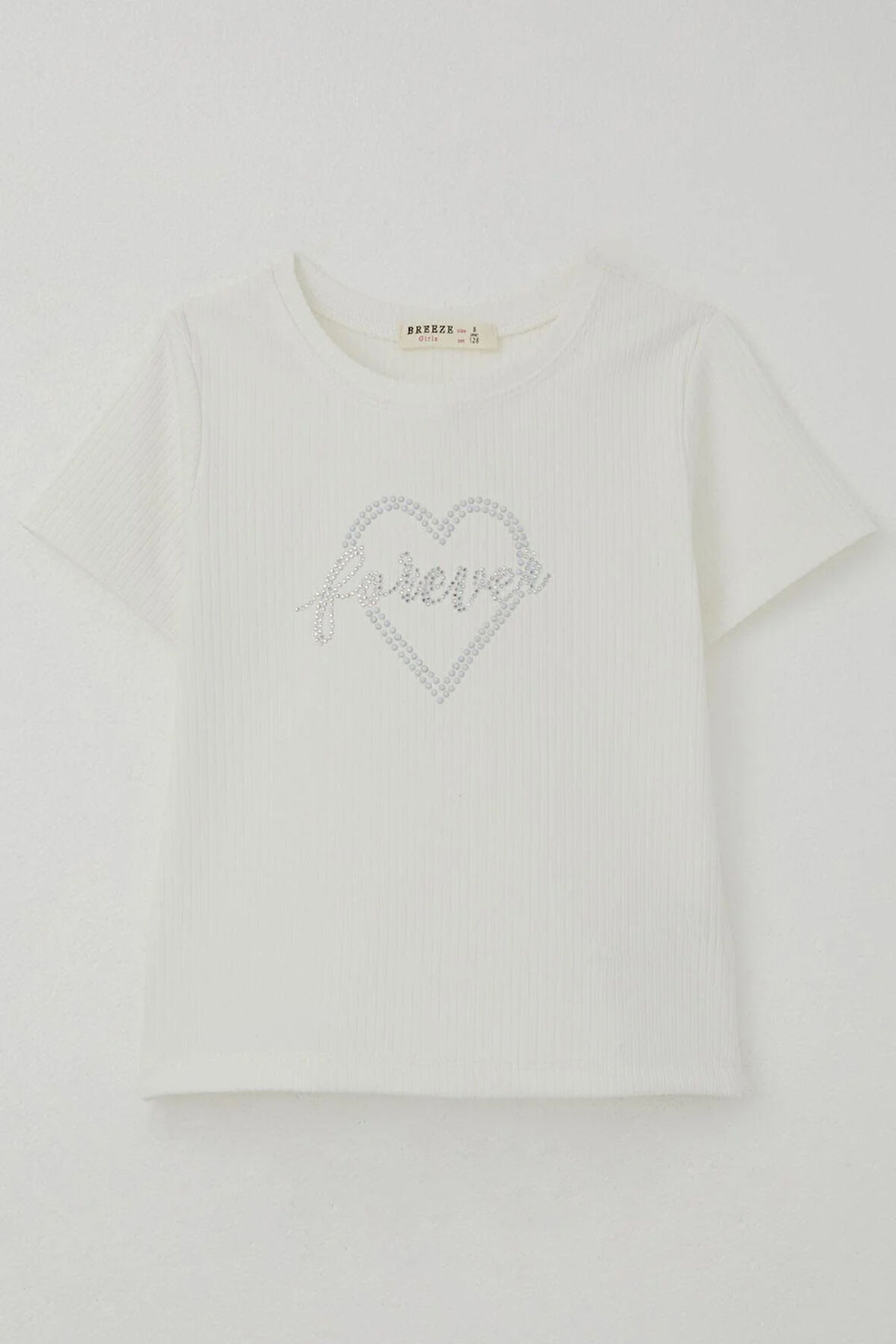 Breeze Kız Çocuk Tişört Taş Detaylı Kalp Baskılı 8-14 Yaş, Ekru