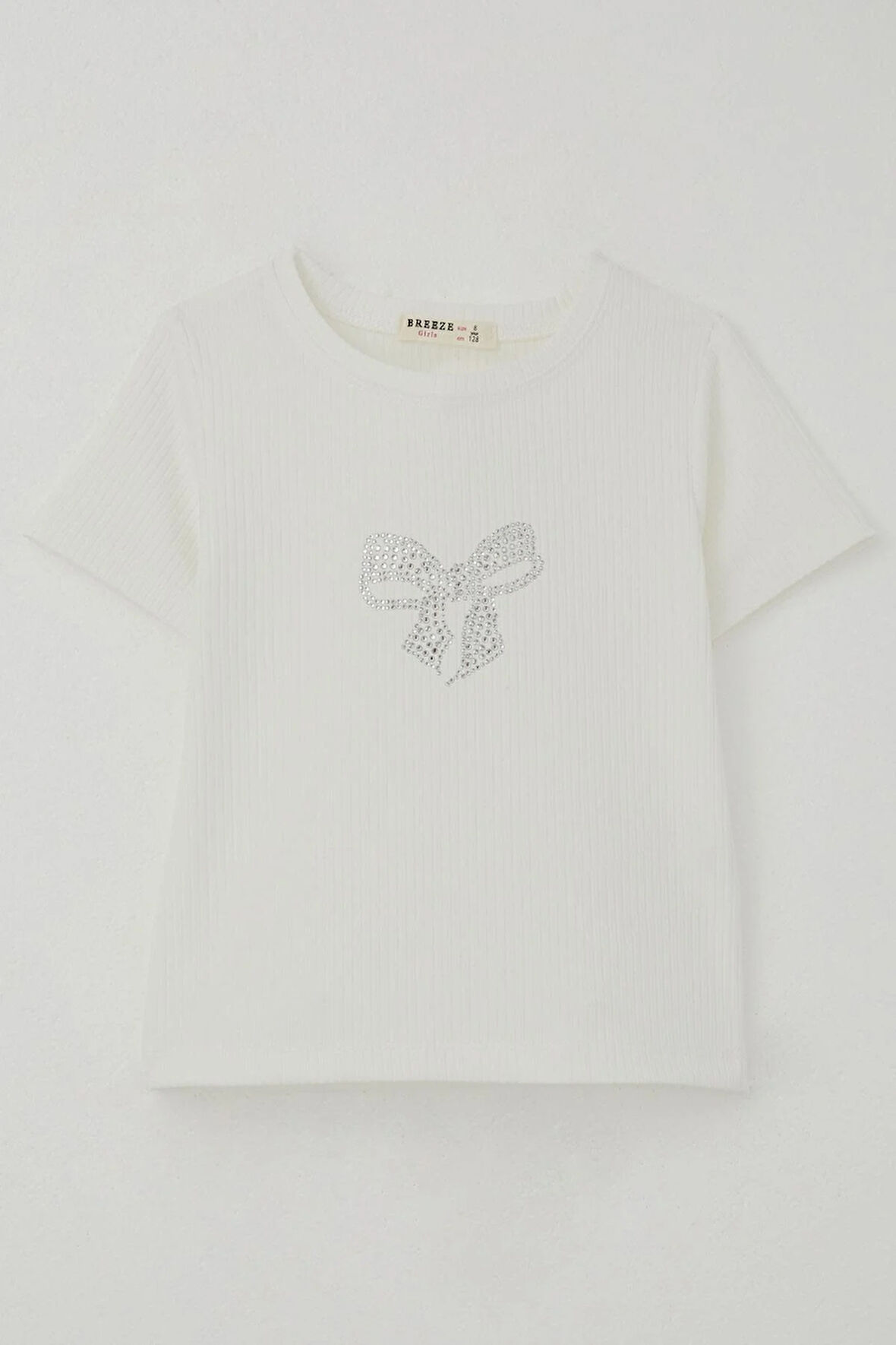 Breeze Kız Çocuk Tişört Taşlı Fiyonk Baskılı 8-14 Yaş, Ekru