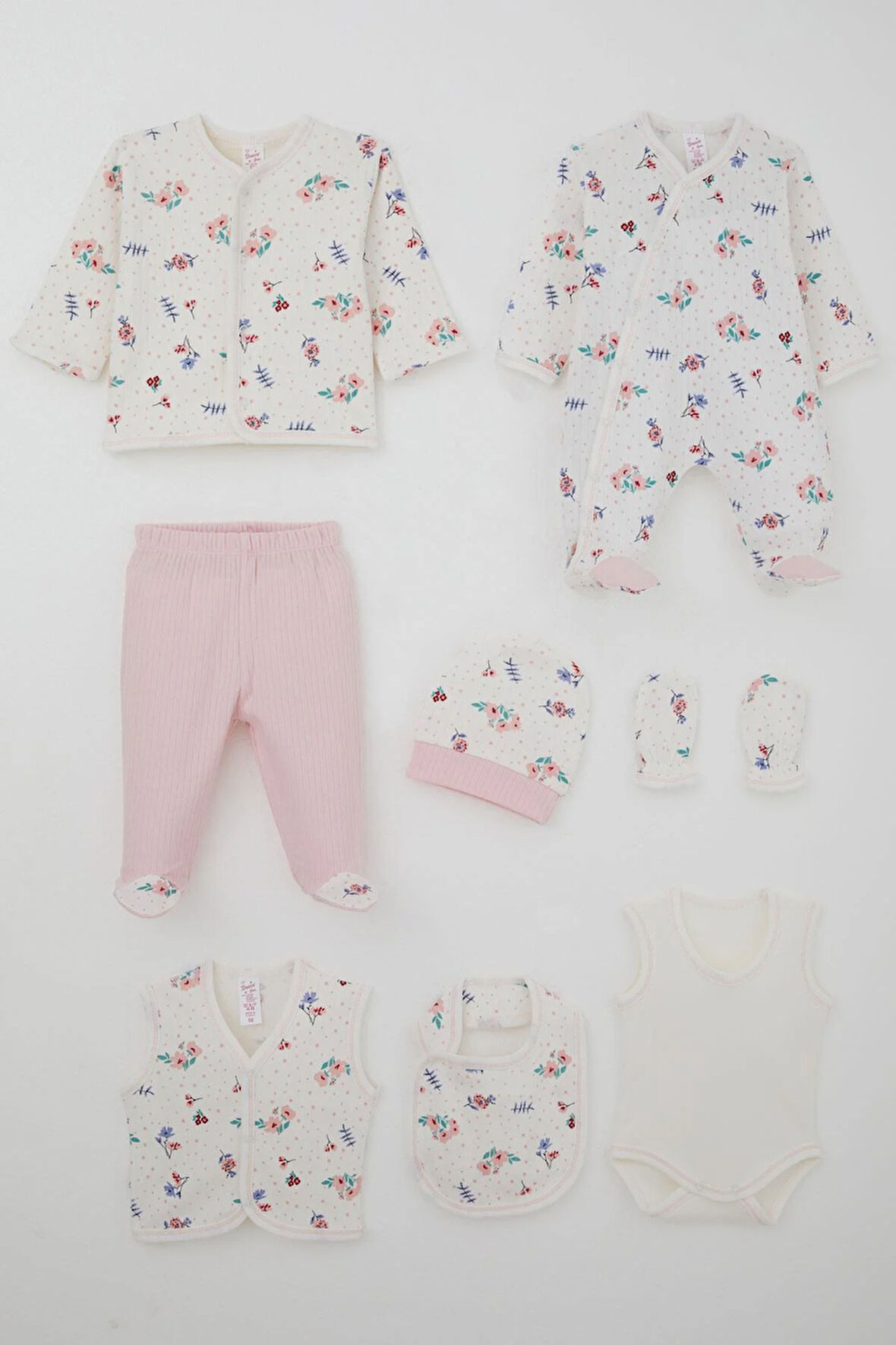 Breeze Kız Bebek Hastane Çıkışı 8 Li Çiçek Desenli Puantiye Detaylı 0-3 Ay, Ekru