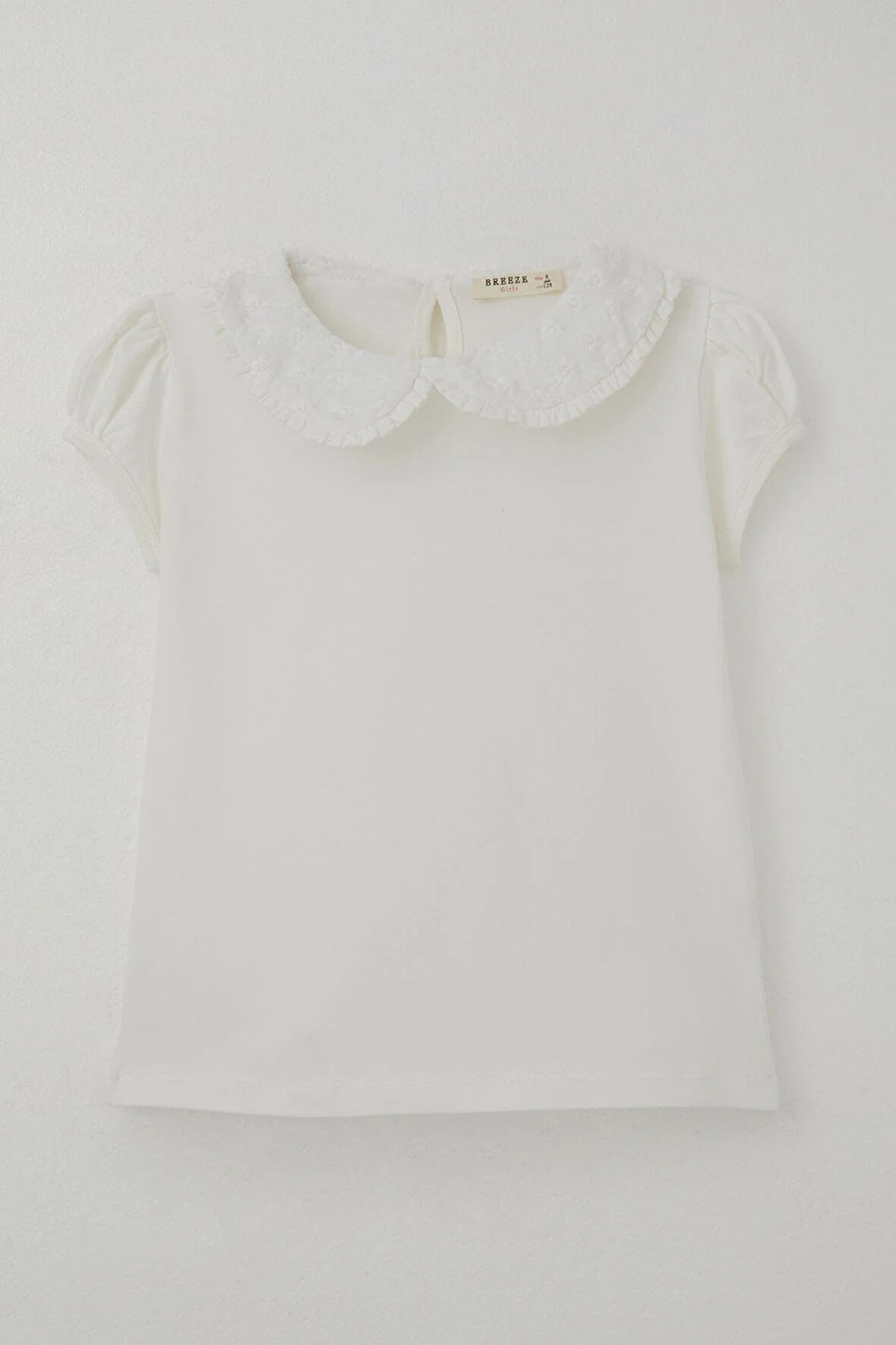 Breeze Kız Çocuk Tişört Yakası Çiçek Nakış Detaylı 5-10 Yaş, Ekru