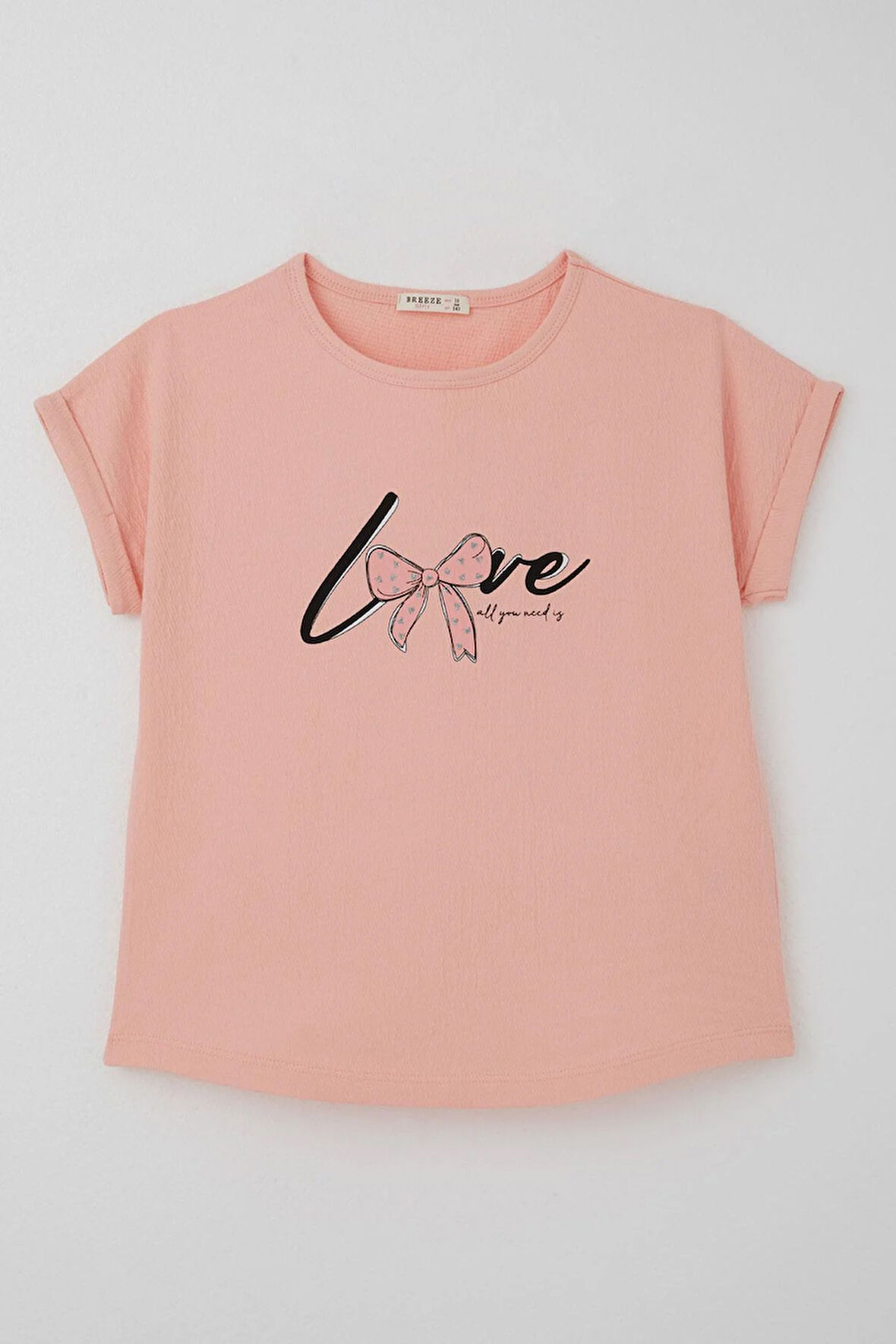 Breeze Kız Çocuk Tişört Sevgi Temalı Yazı Baskılı Simli 9-14 Yaş, Somon
