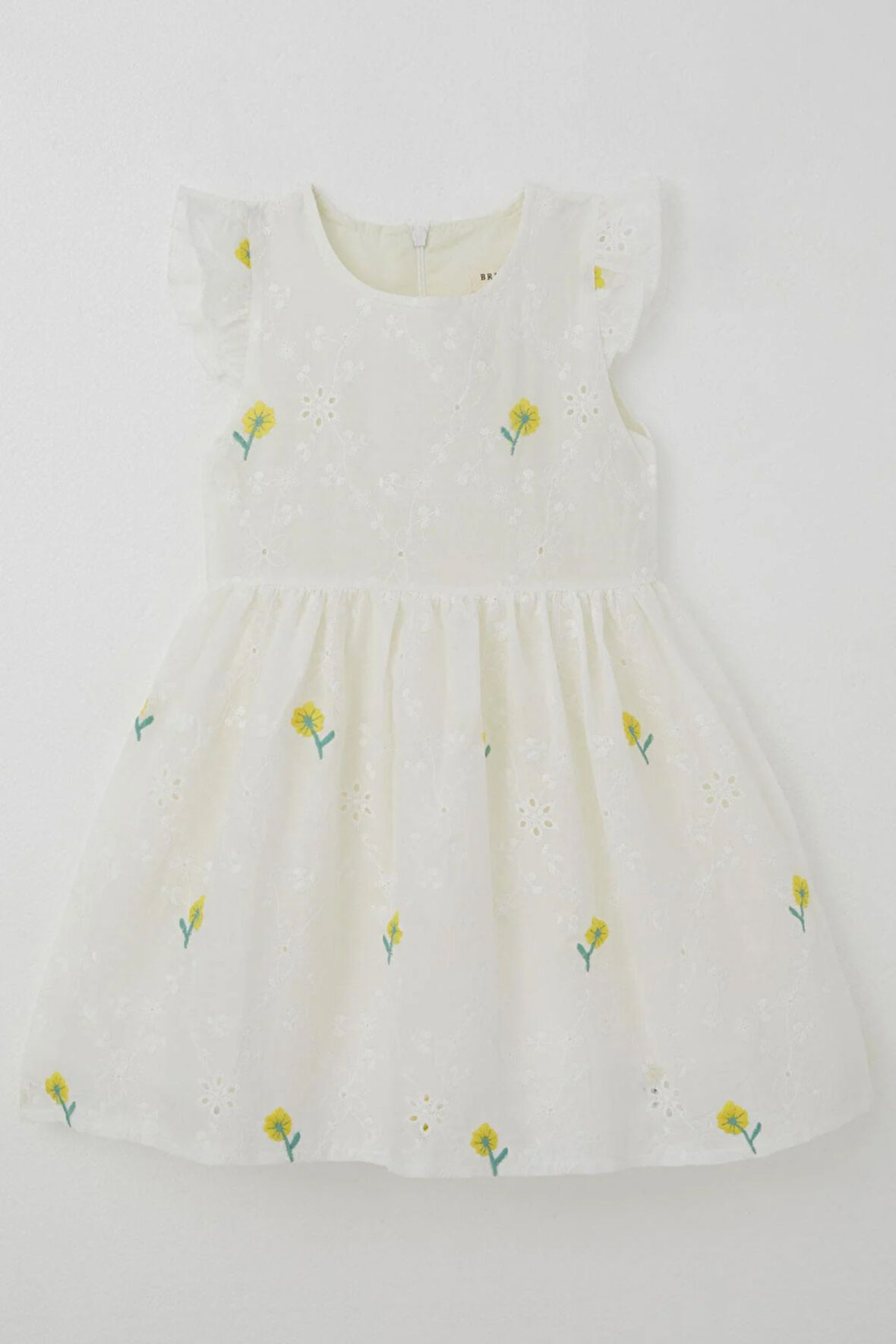 Breeze Kız Çocuk Elbise Çiçek Nakışlı Güpür Detaylı 3-7 Yaş, Ekru