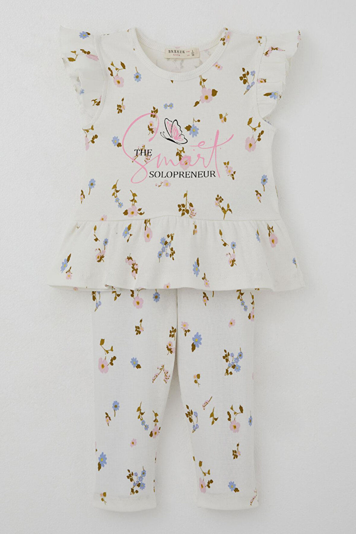 Breeze Kız Çocuk Taytlı Takım Renkli Çiçek Desenli Fırfırlı 2-6 Yaş, Ekru