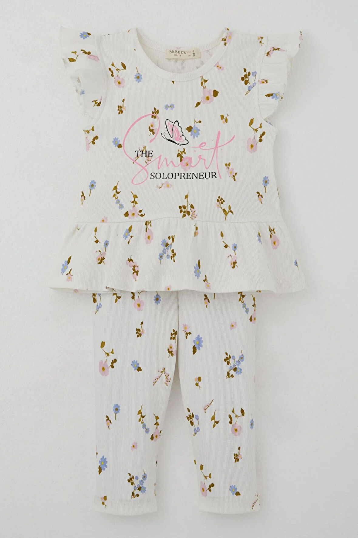 Breeze Kız Çocuk Taytlı Takım Renkli Çiçek Desenli Fırfırlı 2-6 Yaş, Ekru