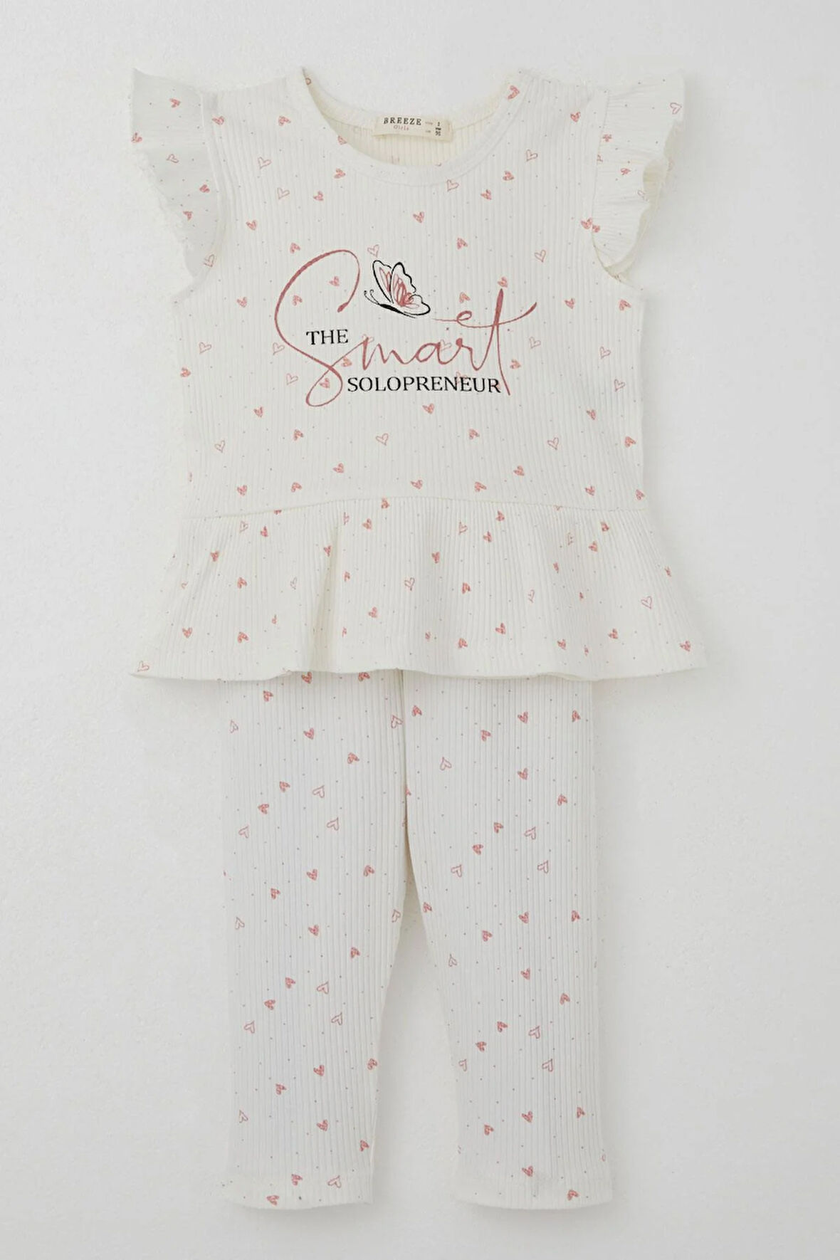 Breeze Kız Çocuk Taytlı Takım Minik Kalpler Desenli Yazı Baskılı Fırfırlı 2-6 Yaş, Ekru