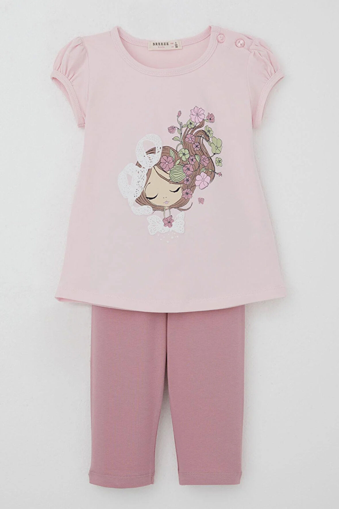 Breeze Kız Çocuk Kapri Taytlı Takım Çiçekli Kız Baskılı 1.5-5 Yaş, Pembe