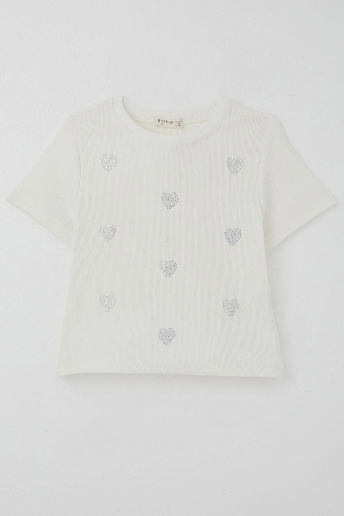 Breeze Kız Çocuk Tişört Taşlı Kalp Desenli 9-14 Yaş, Ekru