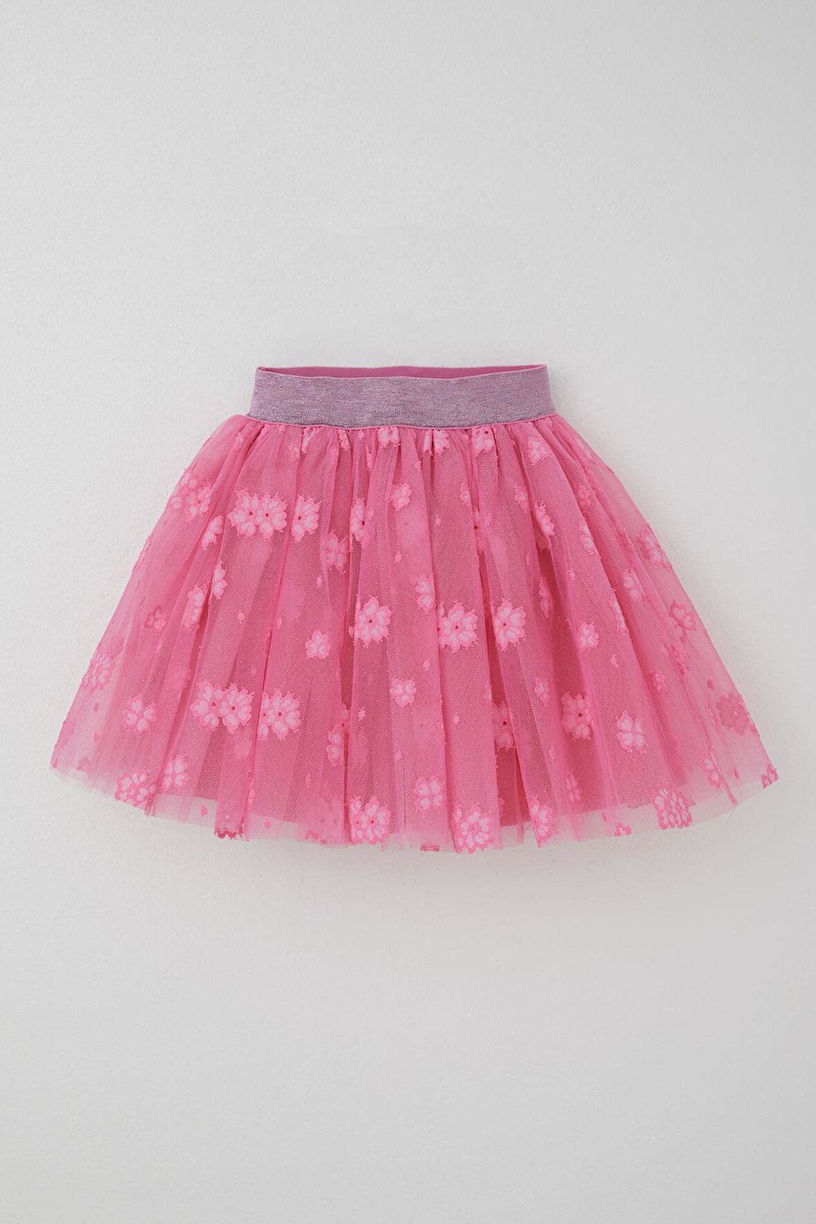 Breeze Kız Çocuk Tütü Etek Çiçek Nakışlı Beli Lastikli Simli 5-10 Yaş, Pembe