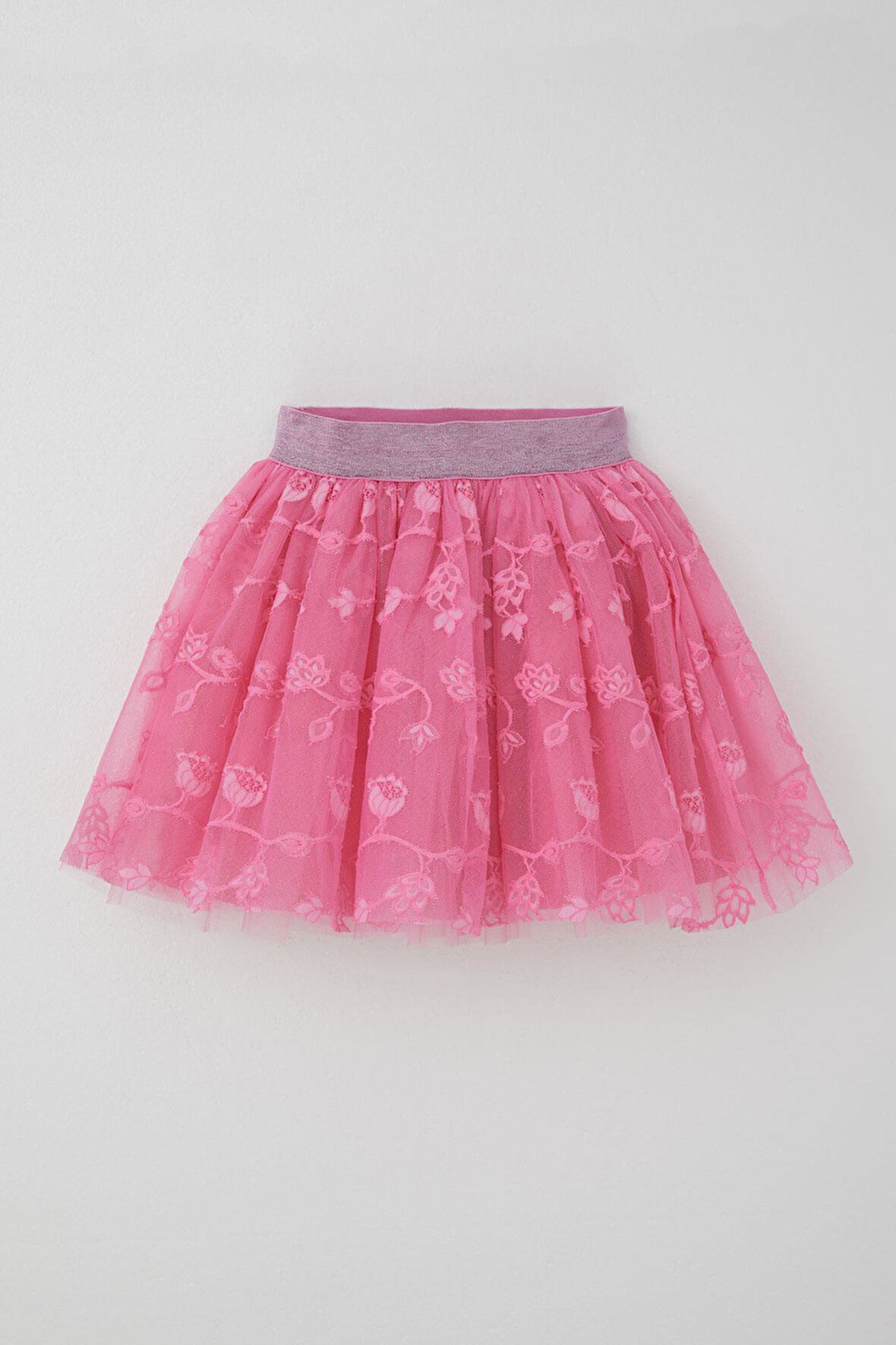 Breeze Kız Çocuk Tütü Etek Çiçek Nakışlı Beli Lastikli Simli 5-10 Yaş, Pembe