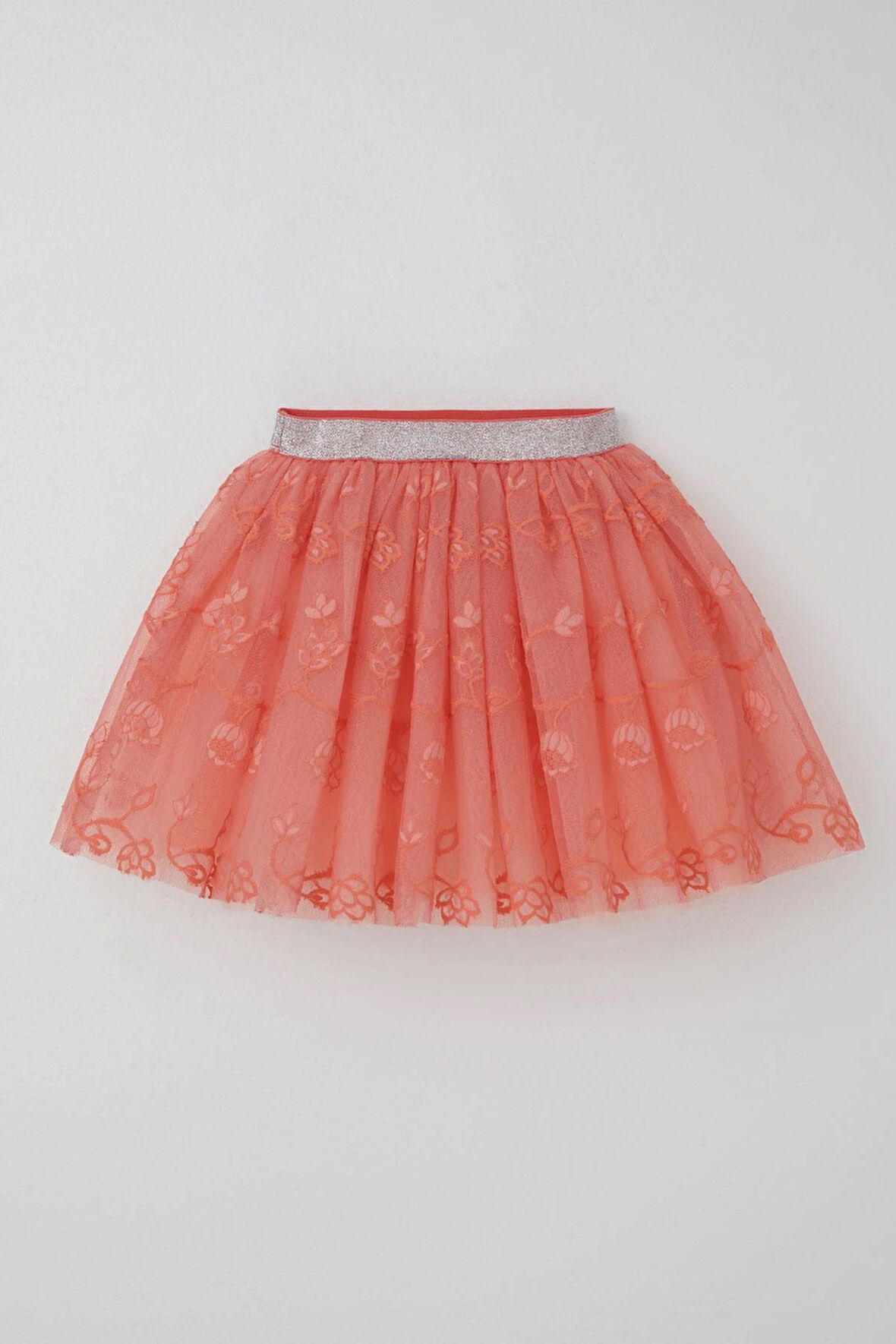 Breeze Kız Çocuk Tütü Etek Çiçek Nakışlı Beli Lastikli Simli 5-10 Yaş, Somon