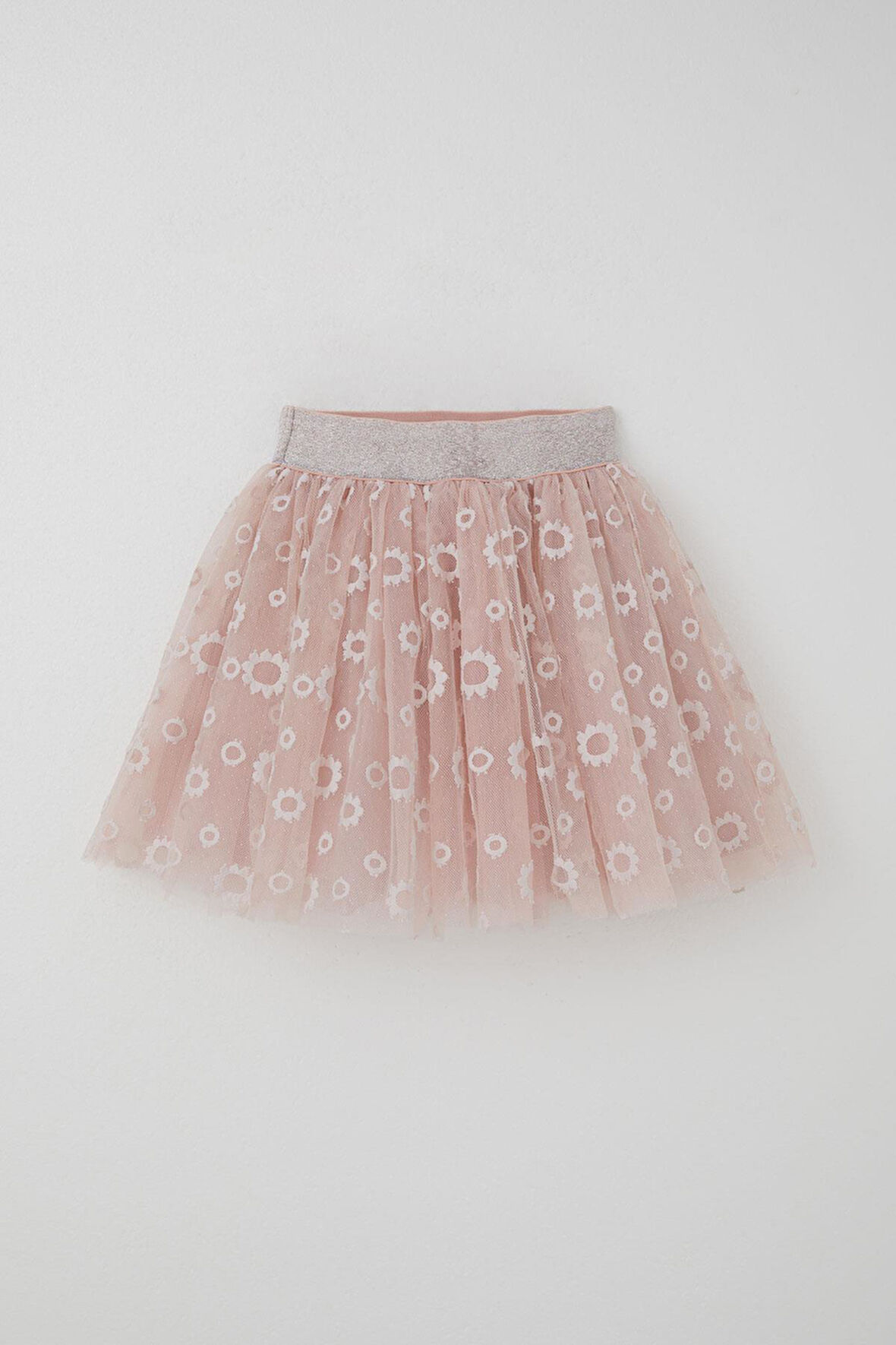 Breeze Kız Çocuk Tütü Etek Çiçek Nakışlı Beli Lastikli Simli 5-10 Yaş, Pudra