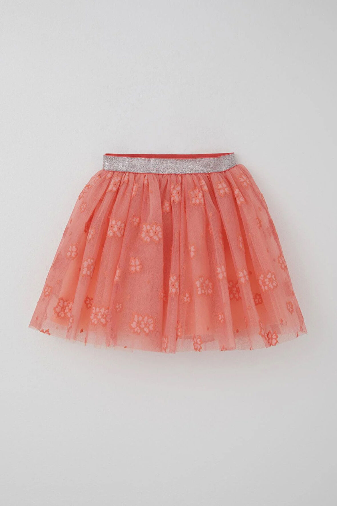 Breeze Kız Çocuk Tütü Etek Çiçek Nakışlı Beli Lastikli Simli 5-10 Yaş, Somon