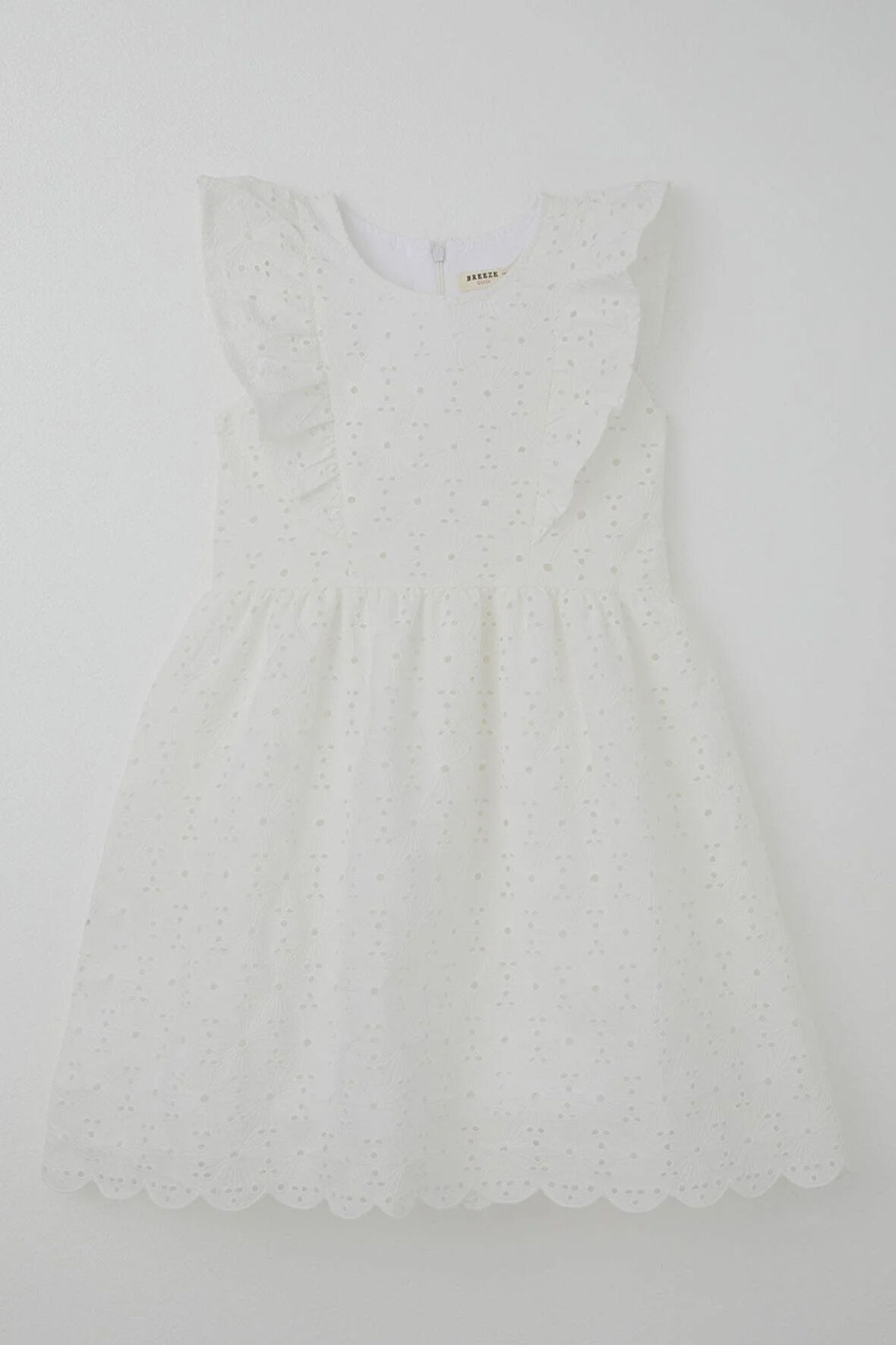 Breeze Kız Çocuk Elbise Çiçek Nakışlı Güpürlü Fırfır Detaylı Arkası Fermuarlı 7-12 Yaş, Ekru