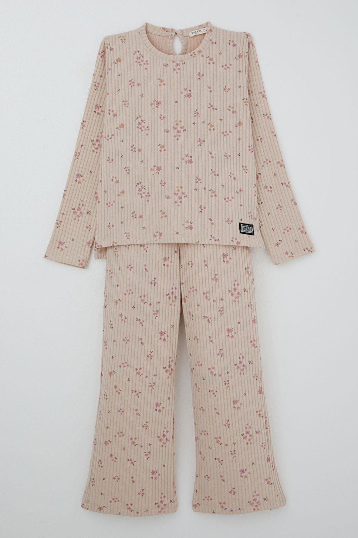 Breeze Kız Çocuk Çiçek Desenli Takm Pantolonu Fiyonk Aksesuarlı 4-8 Yaş, Pudra