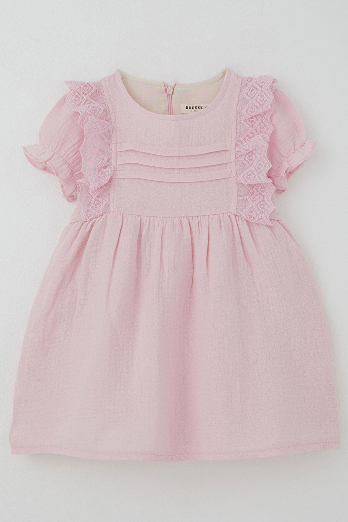 Breeze Kız Bebek Elbise Omuz Kısmı Güpür Detaylı Kolları Lastikli 9 Ay-3 Yaş, Pembe