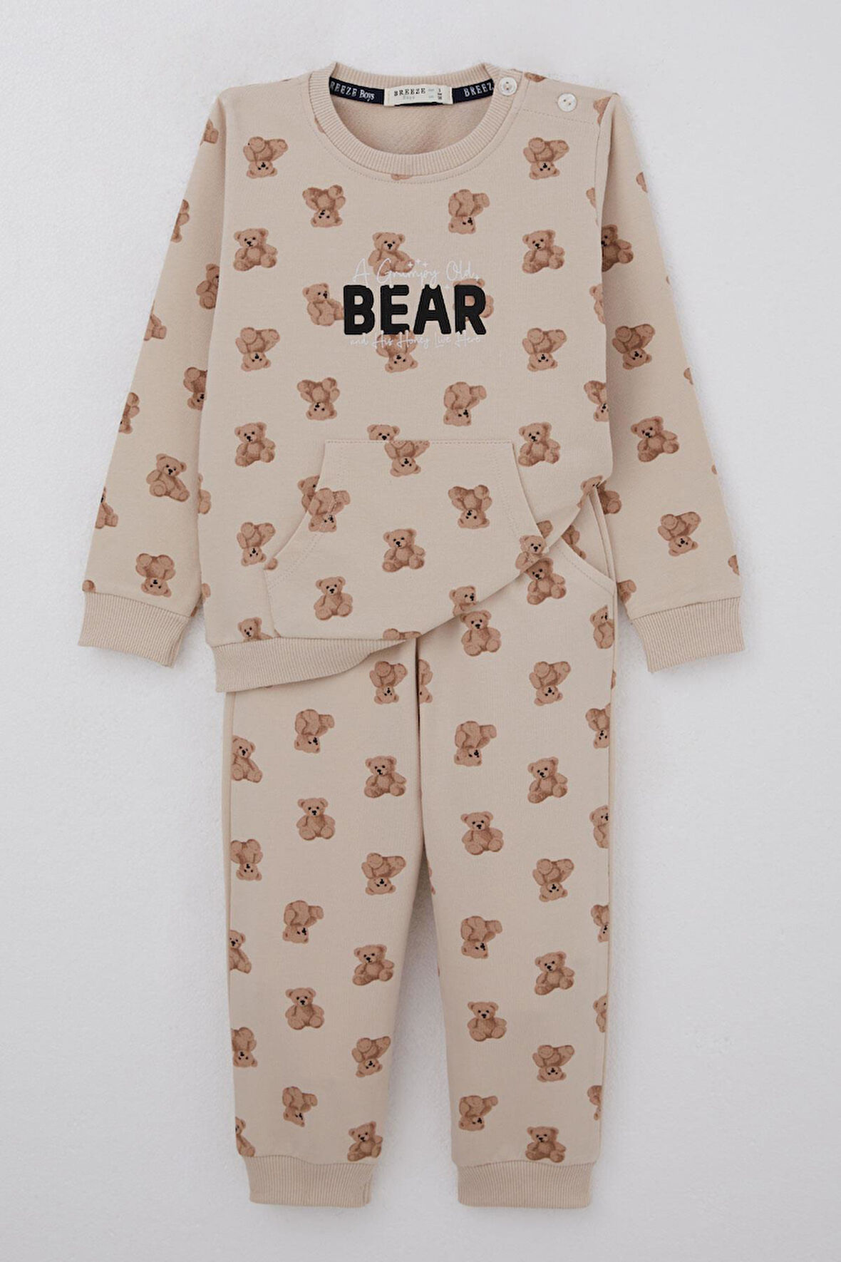 Breeze Erkek Bebek Eşofman Takımı Sevimli Ayıcık Desenli Pantolonu Düğme Aksesuarlı 9 Ay-3 Yaş, Bej