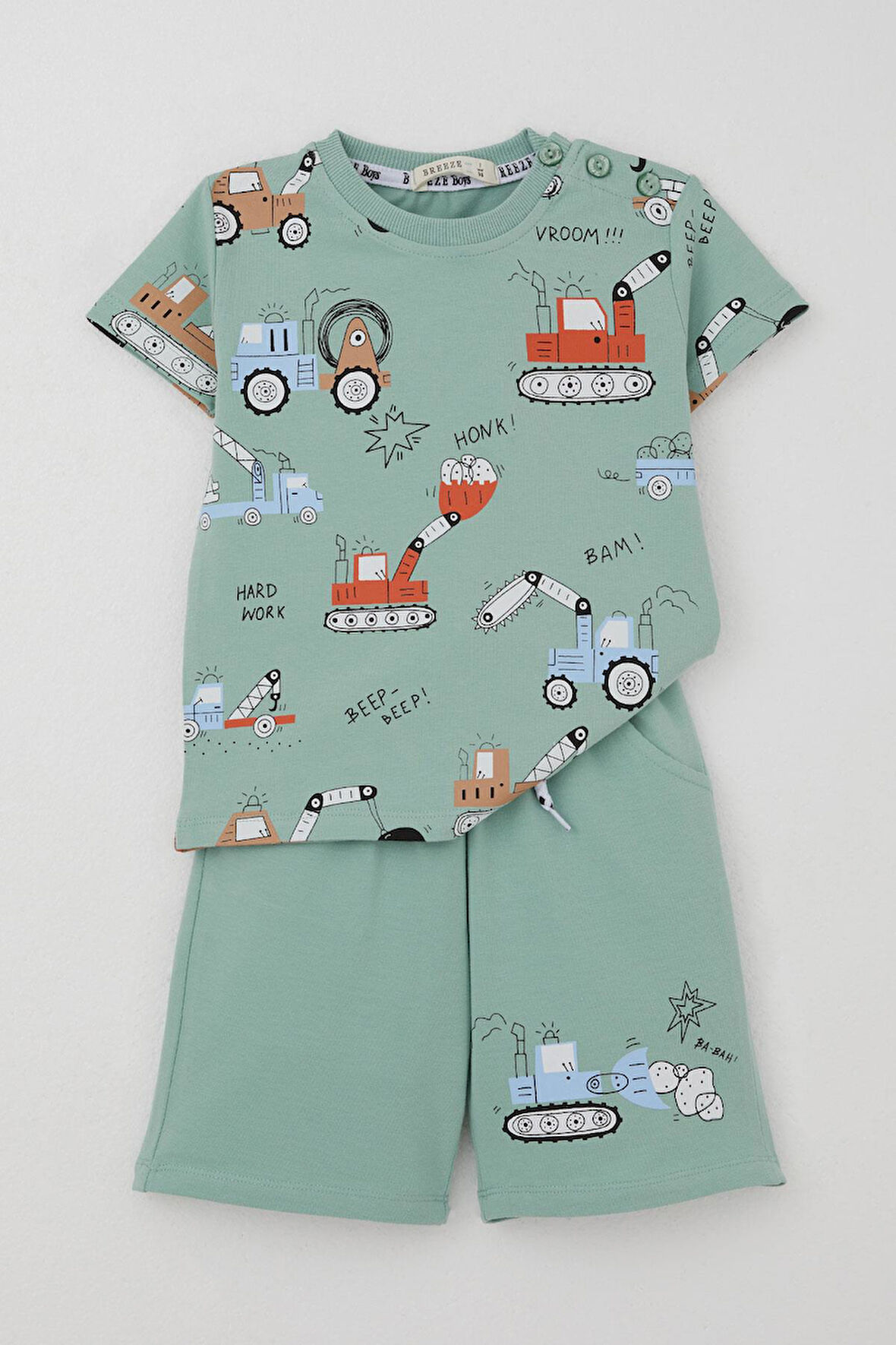 Breeze Erkek Çocuk Şortlu Takım Eğlenceli İş Makineleri Desenli 1.5-5 Yaş, Su Yeşili