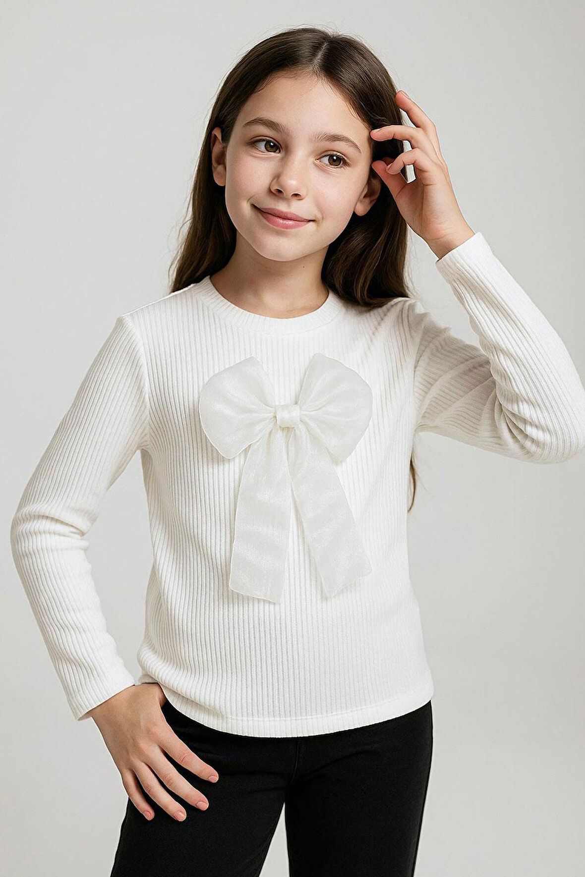 Breeze Kız Çocuk Uzun Kollu Tişört Fiyonk Aksesuarlı 8-12 Yaş, Ekru