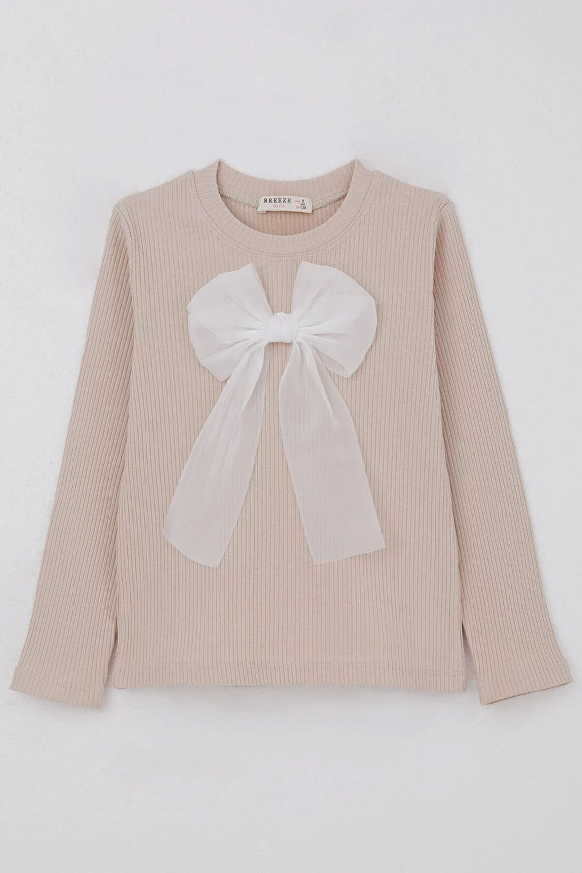 Breeze Kız Çocuk Uzun Kollu Tişört Fiyonk Aksesuarlı 8-12 Yaş, Bej