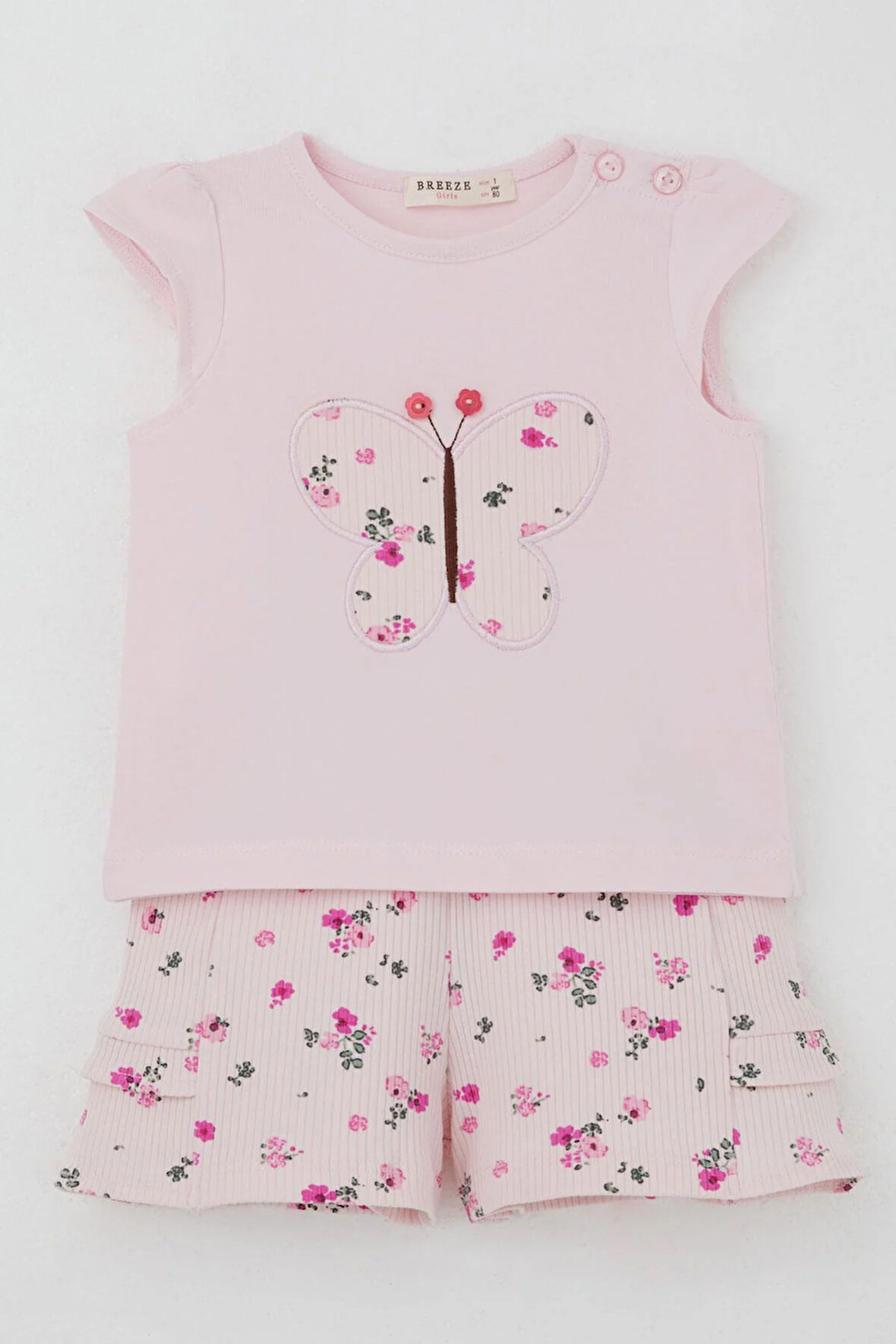 Breeze Kız Bebek Şortlu Takım Çiçek Baskılı Kelebek Nakışlı Düğme Aksesuarlı 6 Ay-2 Yaş, Pembe