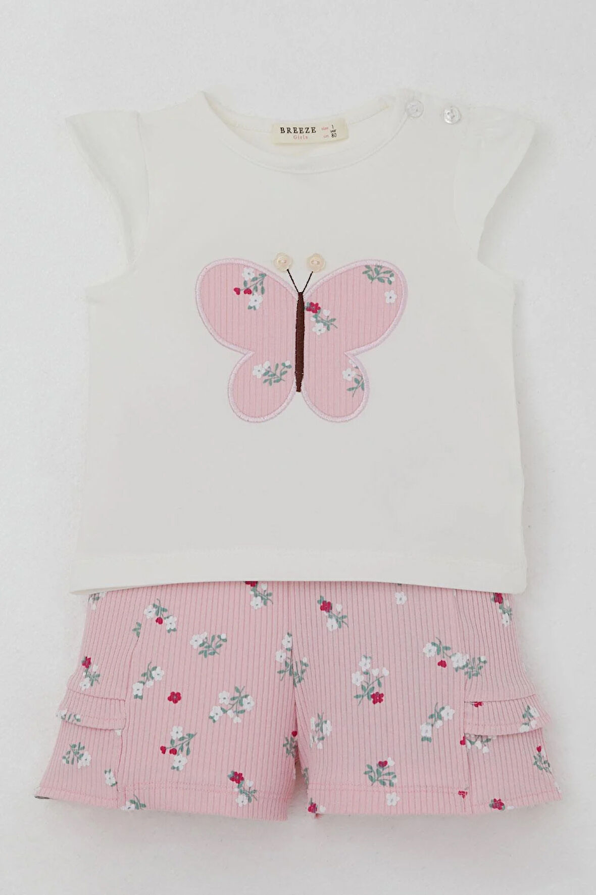 Breeze Kız Bebek Şortlu Takım Çiçek Baskılı Kelebek Nakışlı Düğme Aksesuarlı 6 Ay-2 Yaş, Ekru