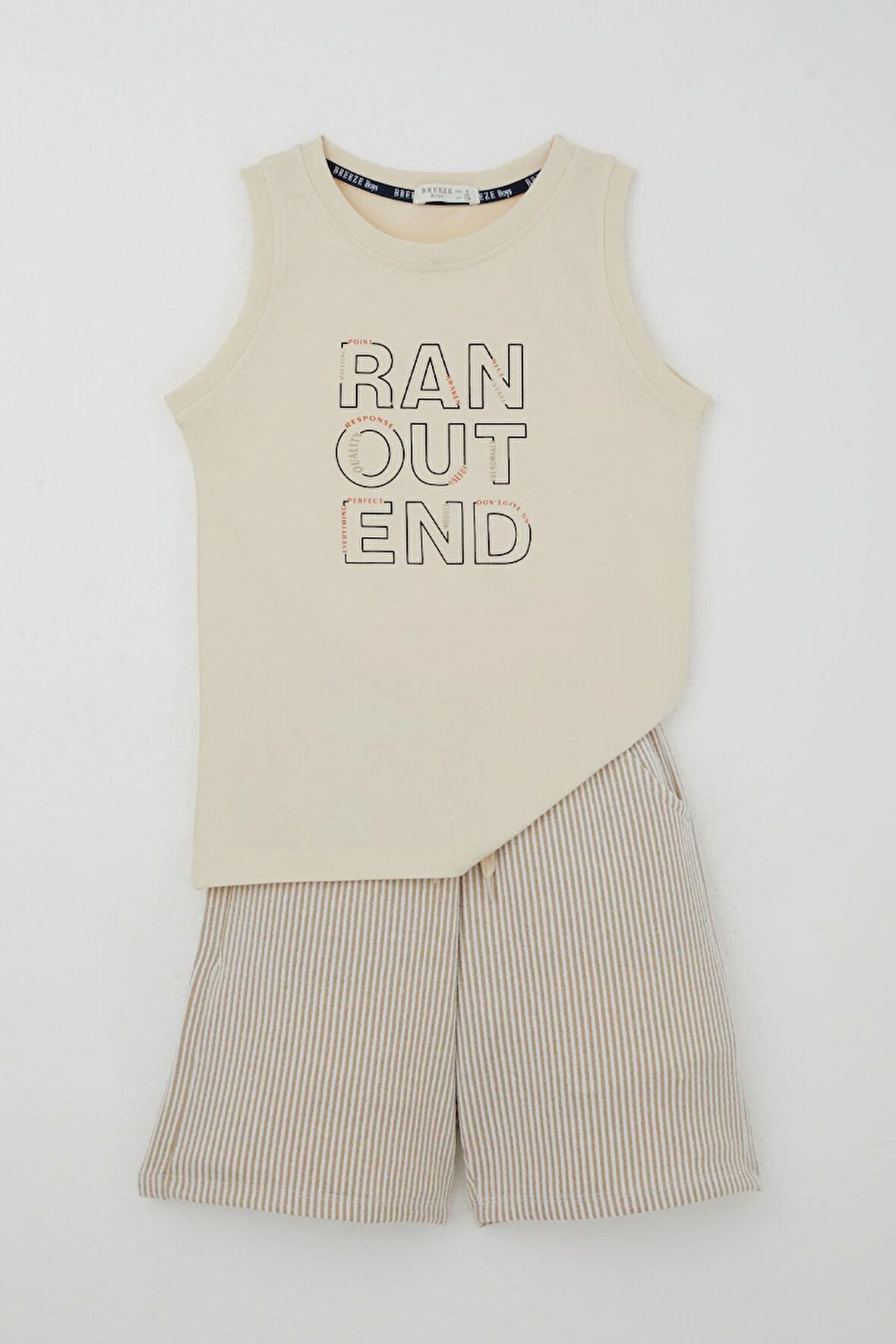 Breeze Erkek Çocuk Şortlu Takım Sıfır Kollu Yazı Baskılı Bağcık Aksesuarlı 8-14 Yaş, Krem