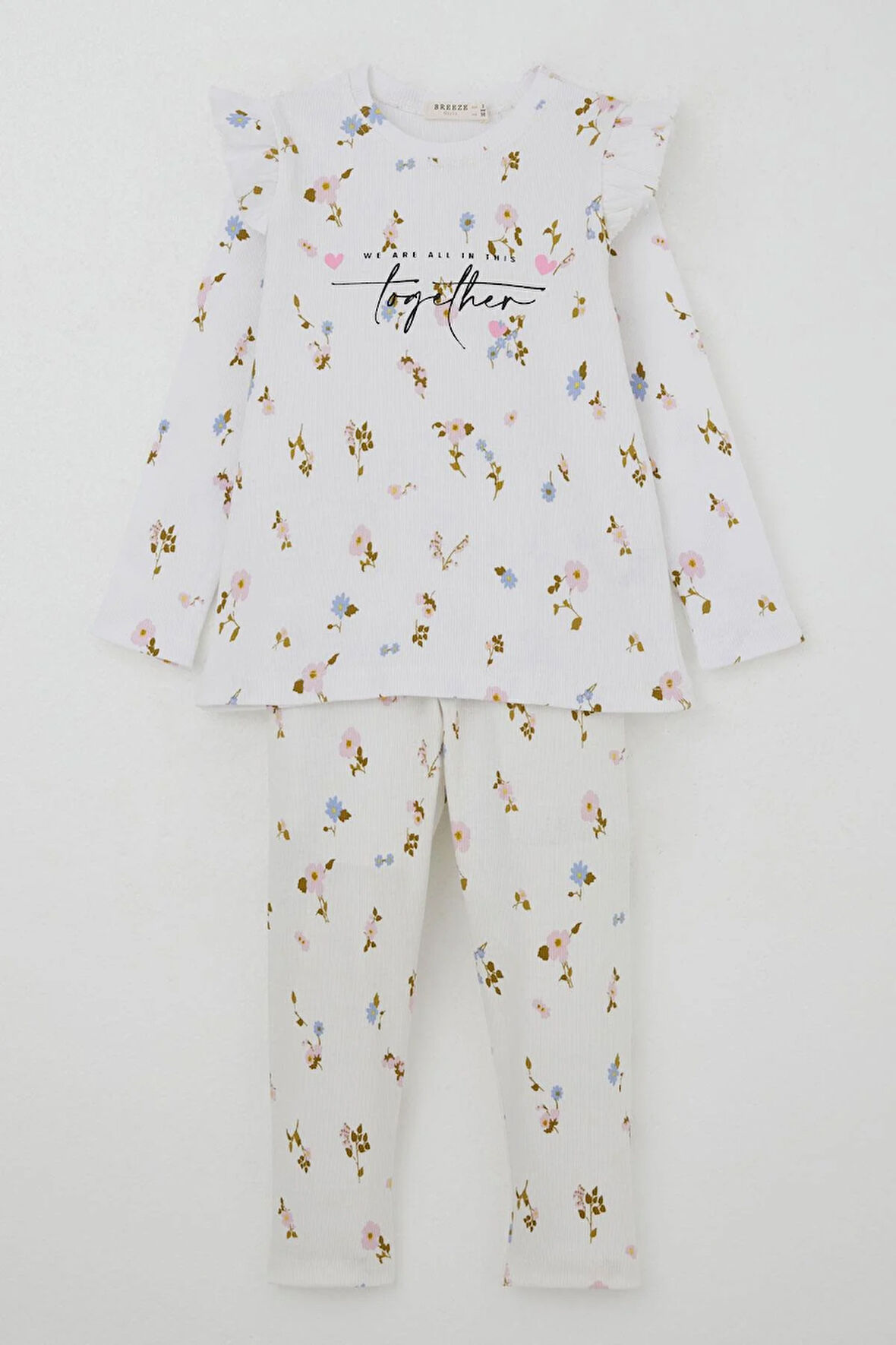 Breeze Kız Çocuk Taytlı Takım Renkli Çiçek Desenli Omuzu Fırfırlı 2-6 Yaş, Beyaz
