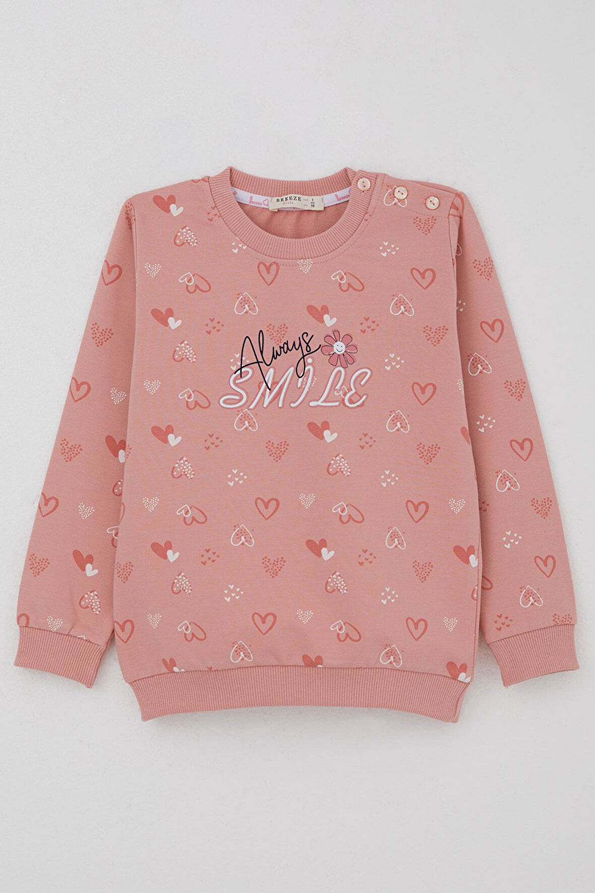 Breeze Kız Çocuk Sweatshirt Kalp Desenli Yazı Baskılı 1.5-5 Yaş, Gülkurusu