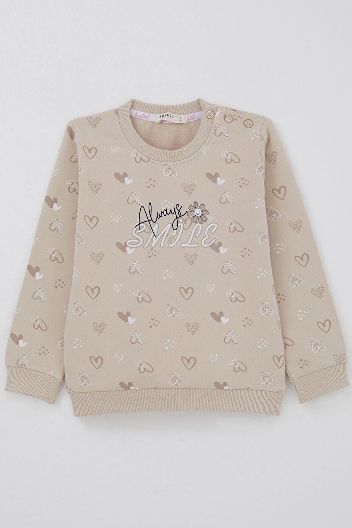 Breeze Kız Çocuk Sweatshirt Kalp Desenli Yazı Baskılı 1.5-5 Yaş, Bej