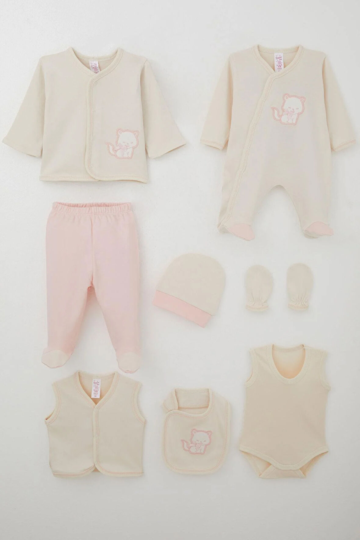 Breeze Kız Bebek Hastane Çıkışı 8 Li Sevimli Kedi Nakışlı Fiyonklu 0-3 Ay, Krem