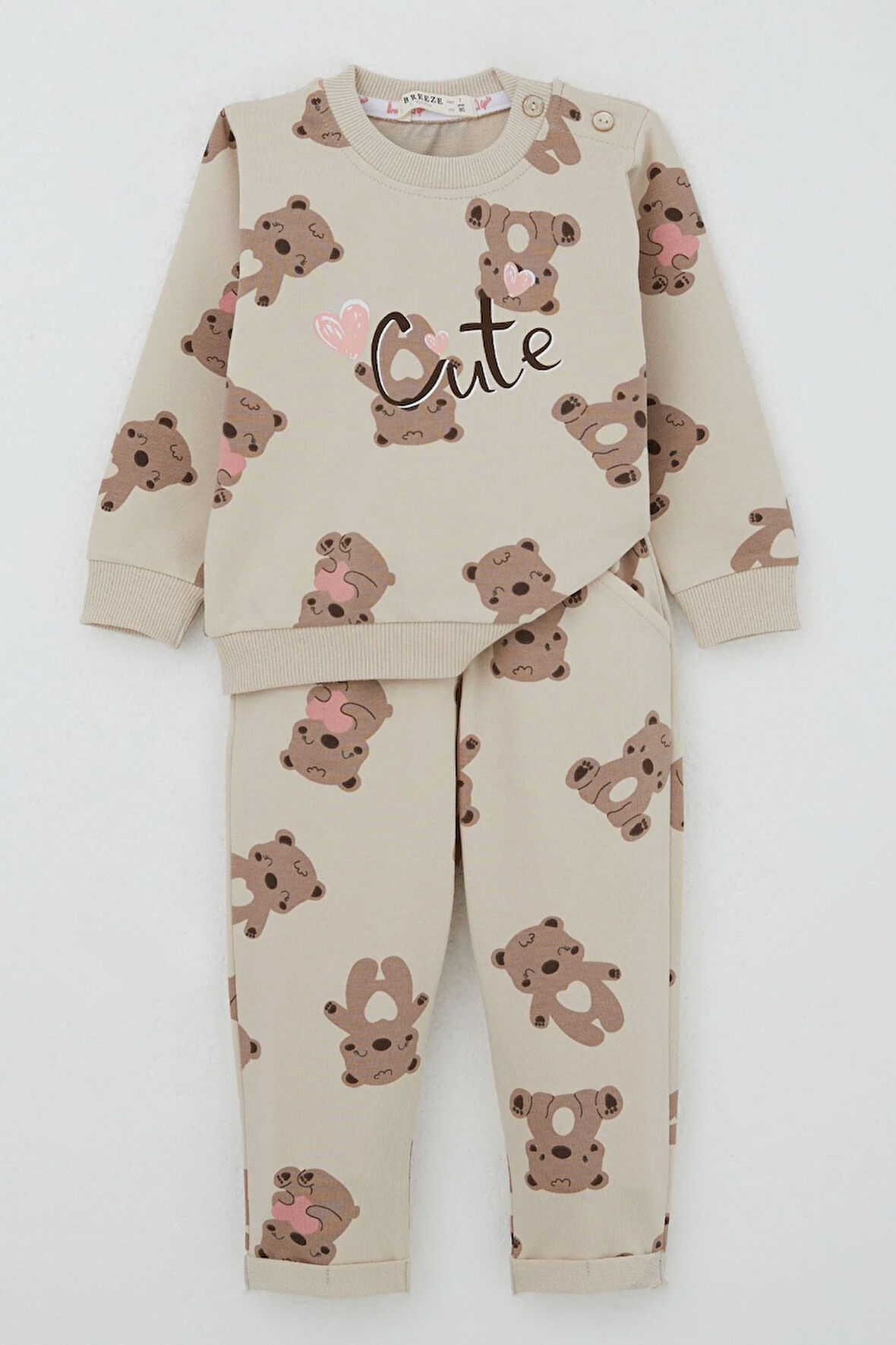 Breeze Kız Bebek Eşofman Takım Mutlu Ayıcık Desenli 6 Ay-2 Yaş, Bej