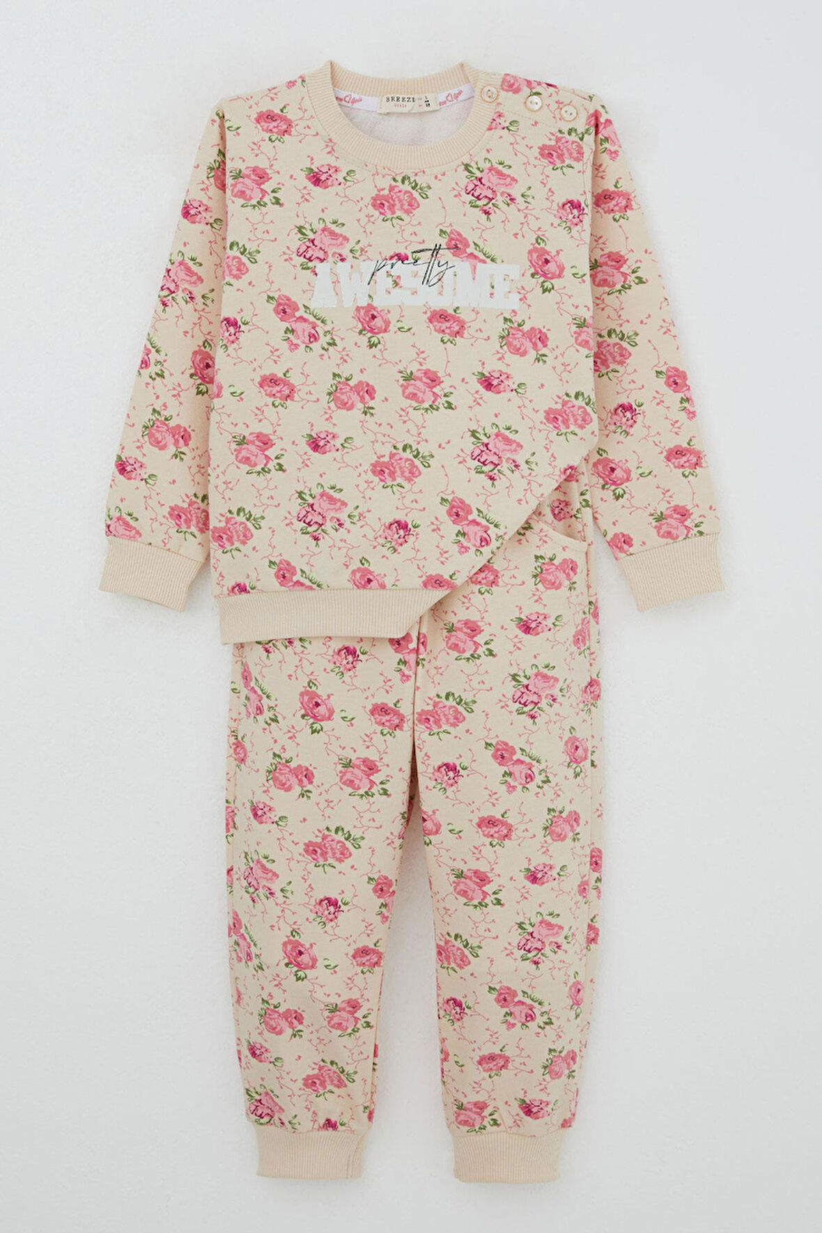 Breeze Kız Çocuk Eşofman Takım Çiçek Desenli 1.5-5 Yaş, Bej