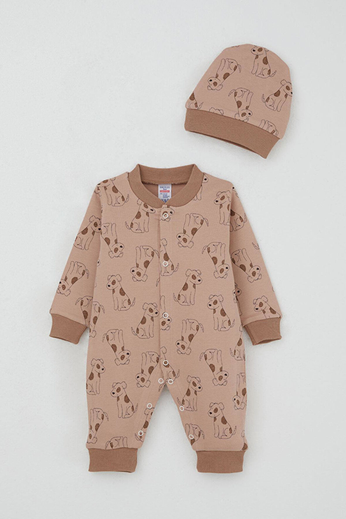 Breeze Erkek Bebek Tulum Sevimli Köpekçik Desenli 0-6 Ay, Açık Kahverengi