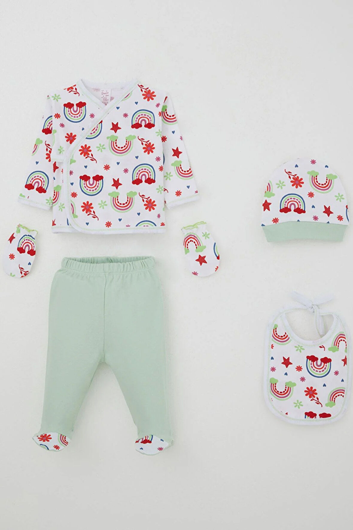 Breeze Kız Bebek Hastane Çıkışı 5 Li Gökkuşağı Masalı Çiçek Desenli 0-3 Ay, Beyaz