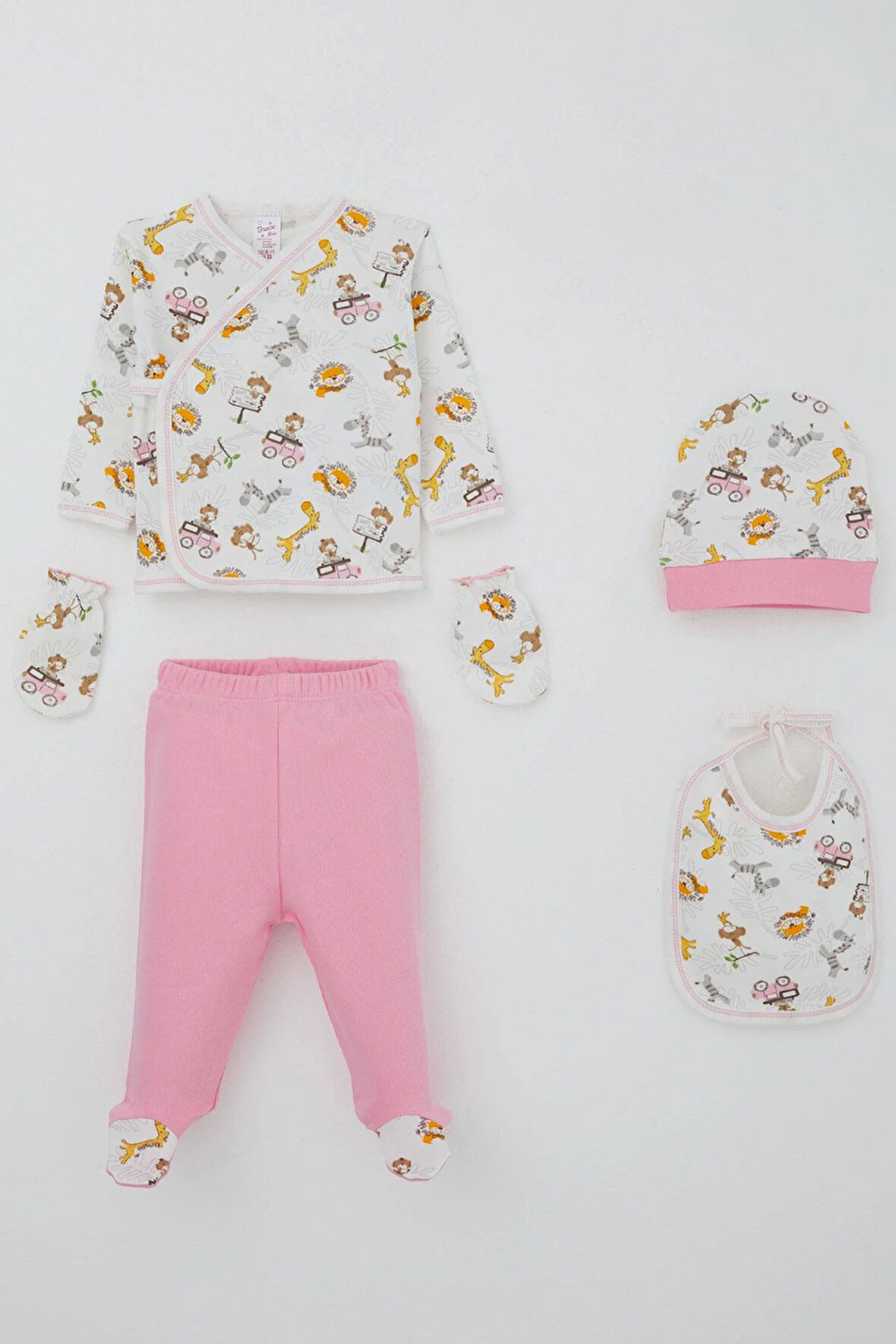 Breeze Kız Bebek Hastane Çıkışı 5 Li Safari Macerası Sevimli Hayvancıklar Desenli 0-3 Ay, Beyaz