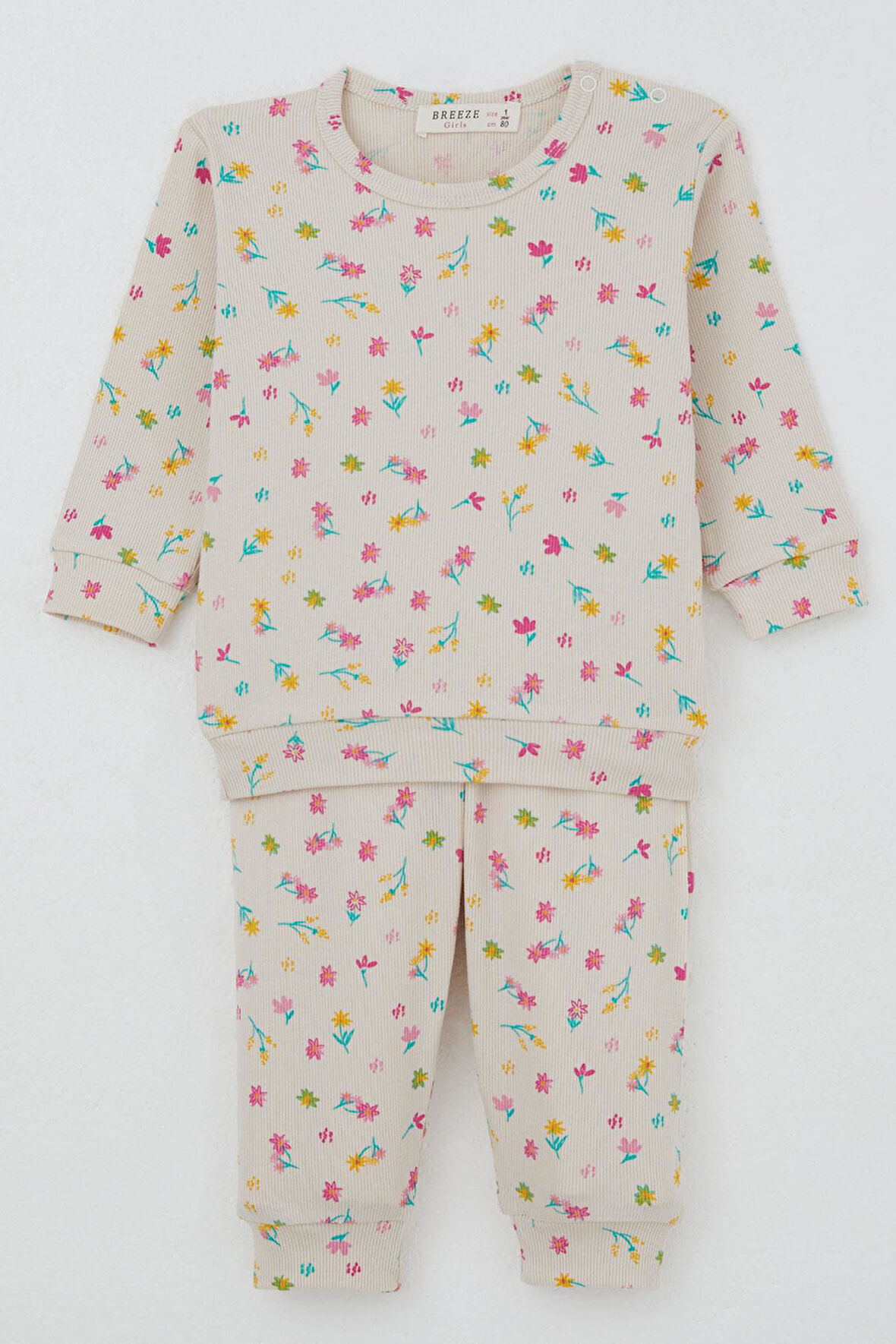 Breeze Kız Bebek Pijama Takımı Omuzdan Patlı Renkli Çiçek Desenli 4 Ay-1 Yaş, Krem