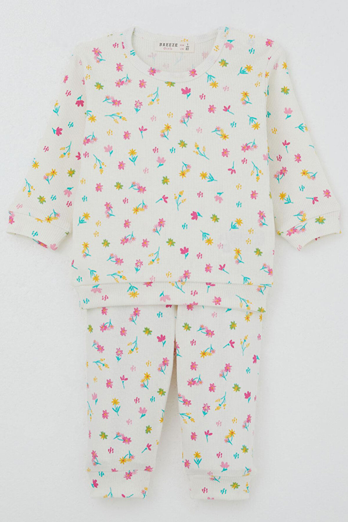 Breeze Kız Bebek Pijama Takımı Omuzdan Patlı Renkli Çiçek Desenli 4 Ay-1 Yaş, Ekru