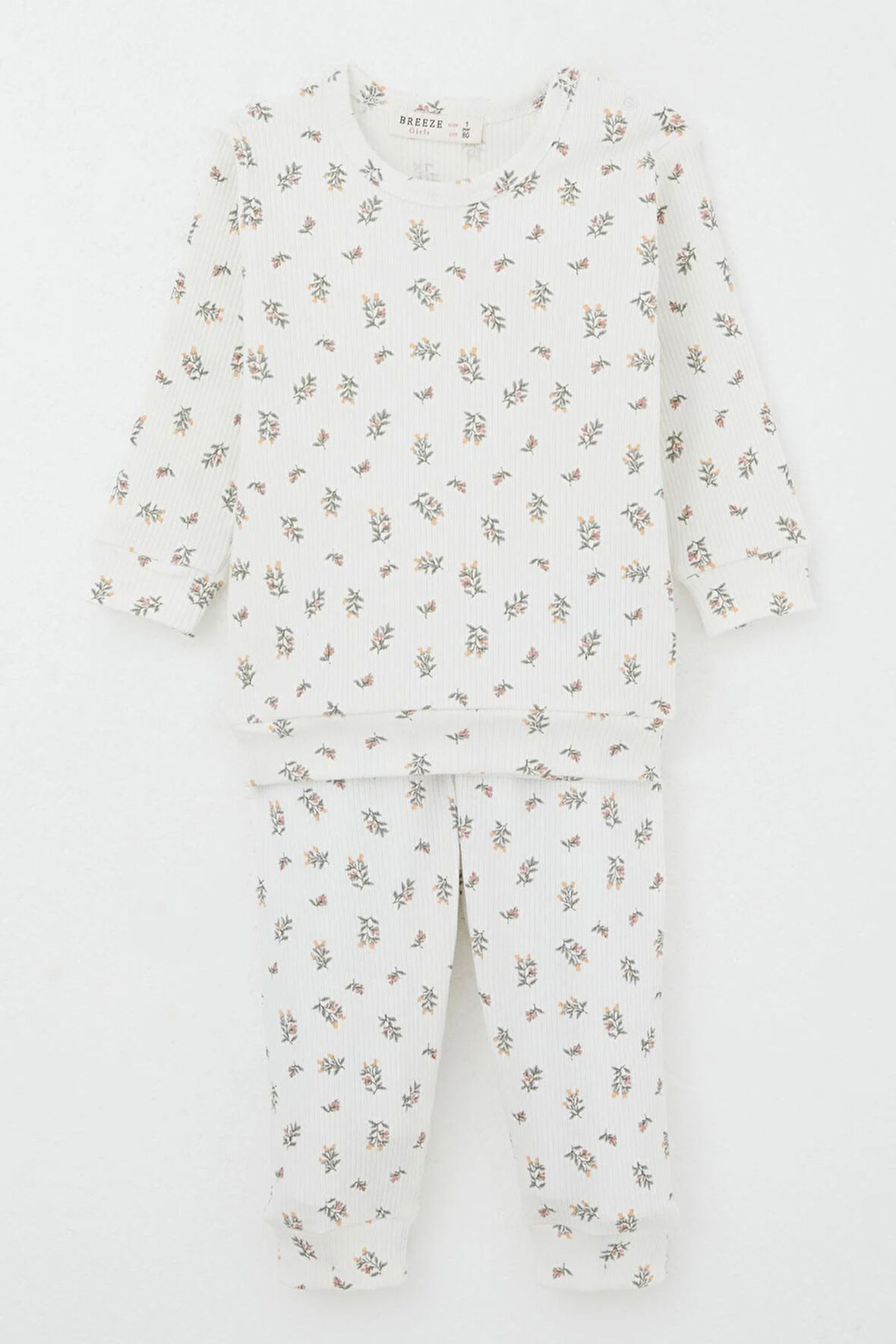 Breeze Kız Bebek Pijama Takımı Omuzdan Patlı Çiçek Desenli 4 Ay-1 Yaş, Ekru